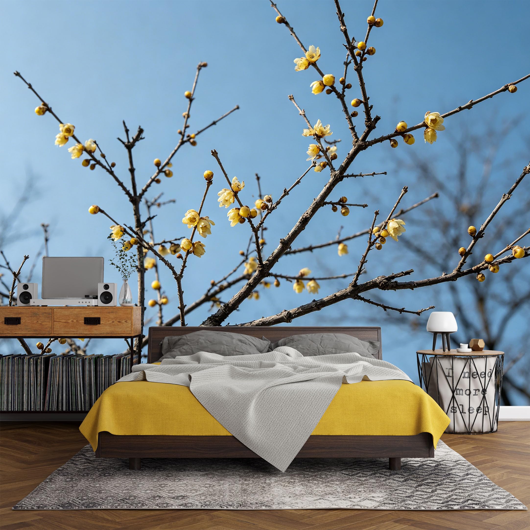 Custom Size Wall Mural， Botanical Winter Plum Blossom Branch Blue Sky Nature Scene，SelfAdhesive Art Prints wall Fabric (No PVC) Removable Wallpaper Living Room Decor