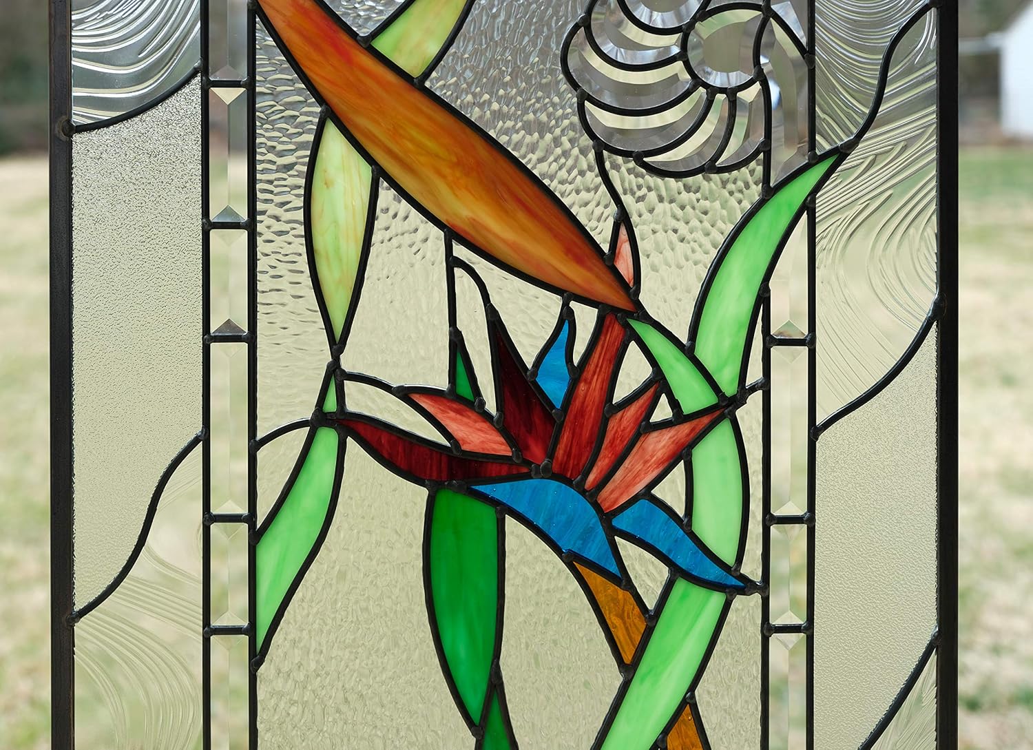 20"x34" Hanging Stained Glass Window Panel STRELIZIA Reginae, Bird of Paradise
