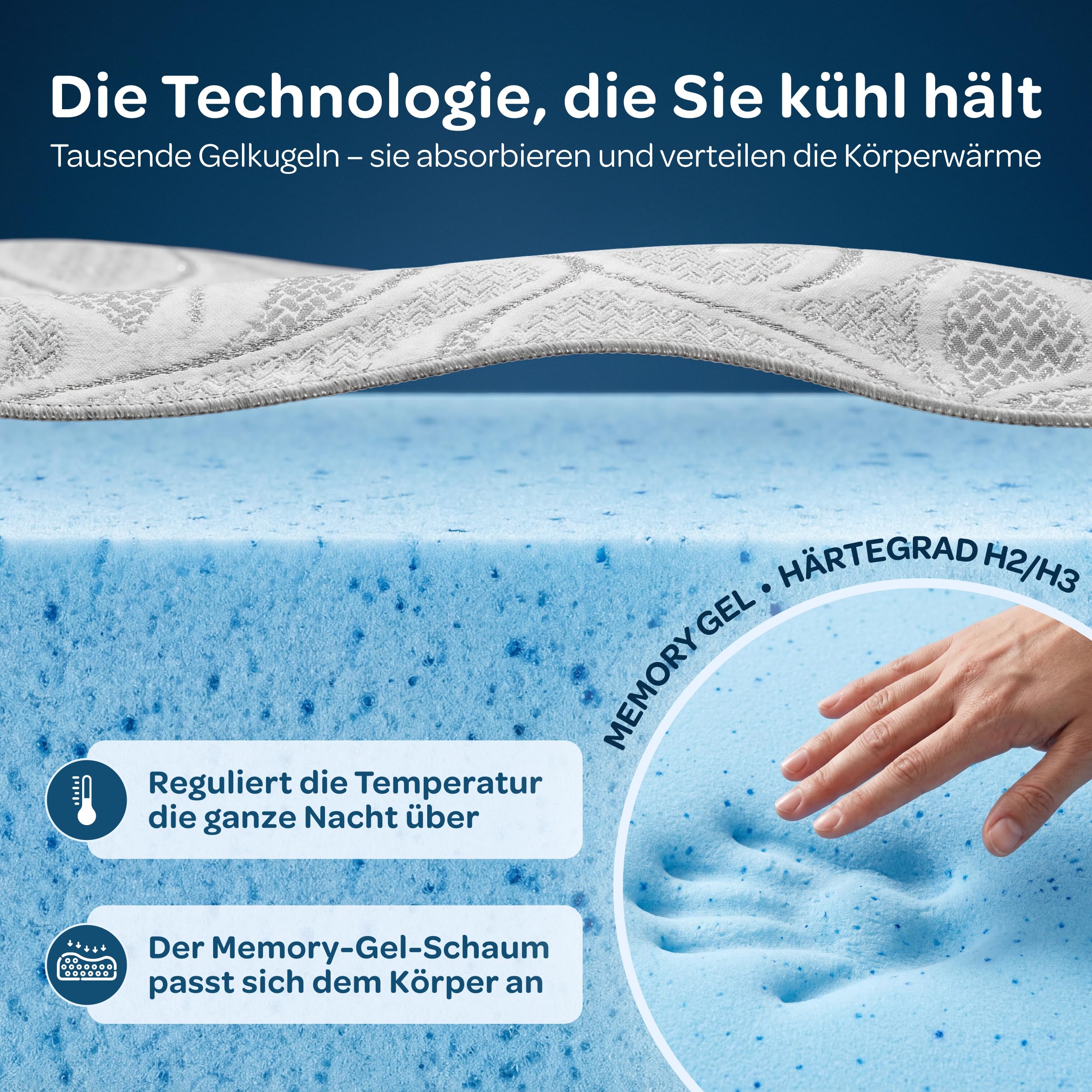 DOLCISOGNI Gel Memory Topper 180x200cm | H2 Matratzentopper kühlend mit Silver Yarn Bezug | Antibakterieller Matratzenschoner 180x200 | 7cm Höhe