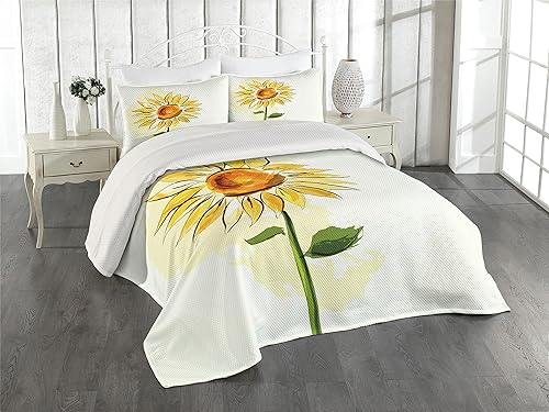Lunarable Colcha de flores, girasol de verano en acuarela suave tono pastel pétalos grandes, juego de colcha acolchada decorativa de 3 piezas con 2