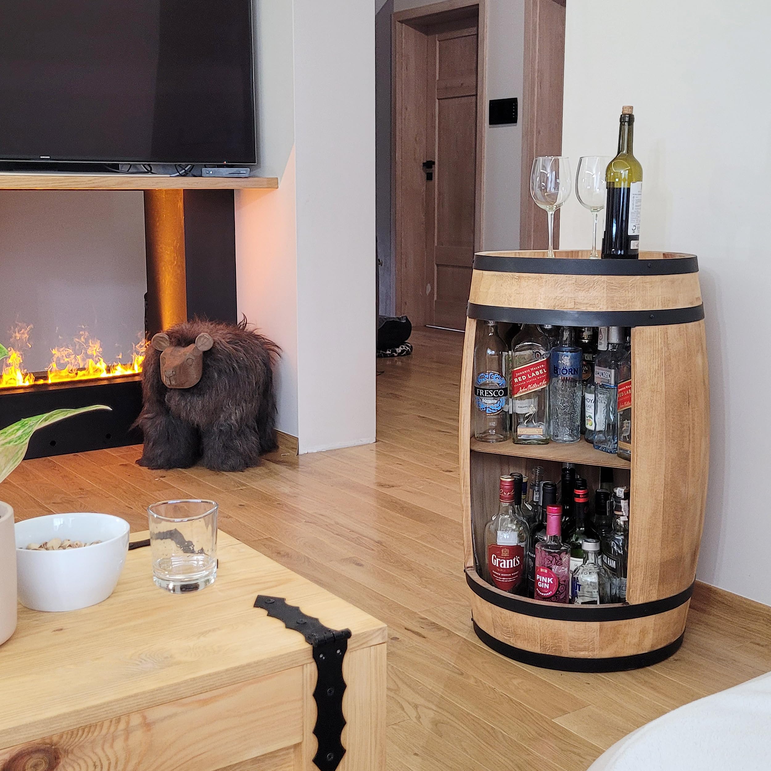 WEECO Barile in legno con portabottiglie con luci a LED RGB, Porta vino, Casa bar, Portabottiglie per whiskybar, regalo per uomo, Botte in legno per bottiglie di alcolici, Botte Di whisky Grappa 80cm