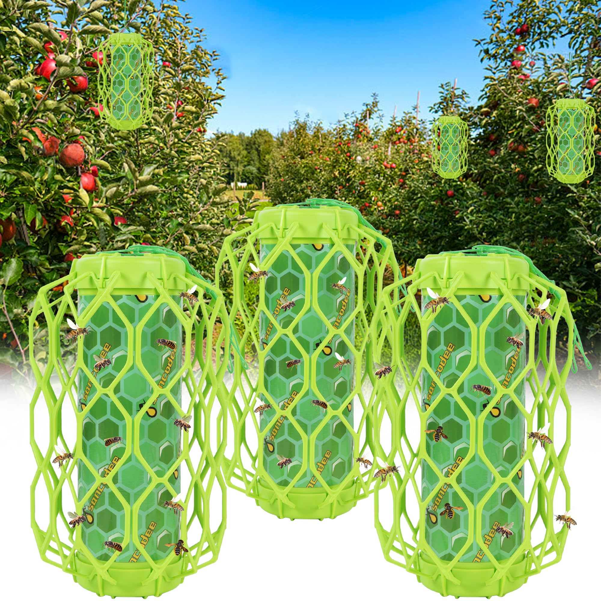3 Pack Upgraded Wasp Trap Outdoor Hanging, Carpenter Bee and Hornet Catcher, Reusable Yellow Jacket Trap with Bait Reservoir, Bee Killer and Wasp Catcher for Outside (Green)