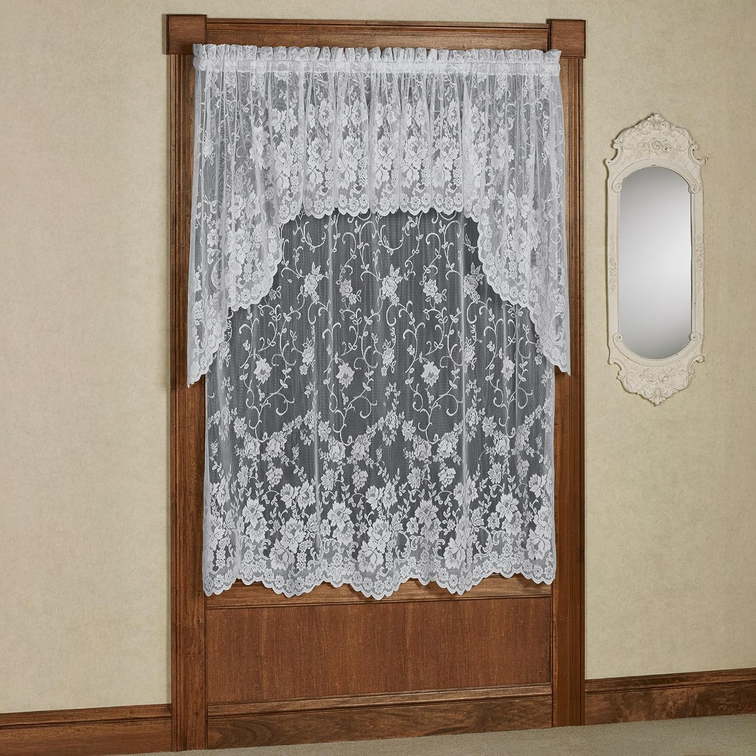 Luxury Sheer Polyester Enchanting Roses Lace Window Treatment | 3 Piece Set: Scallop Valance, 38L Swag Pair, and 63L Panel | Classic | Antique White | Rod Pocket | Machine washable | Light Filtering