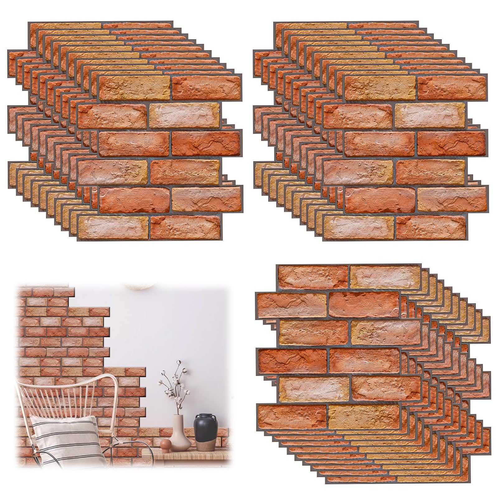 XNZMYN 30 Pieza Papel 3D Rojo Ladrillo Pared Autoadhesivo, Grueso Impermeable PVC Panel Decorativo para Cocina, Oficina y Dormitorio