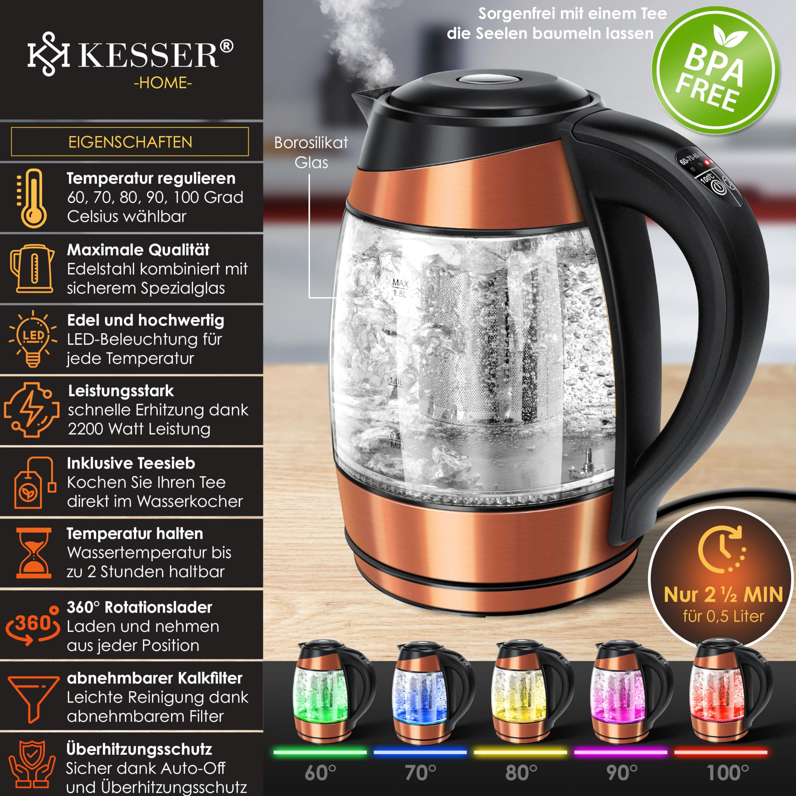 KESSER® 1,8L Bouilloire en acier inoxydable avec filtre à thé et filtre anticalcaire | Bouilloire avec éclairage LED - Couleur en fonction du choix de température 60, 70, 80, 90, 100 °C
