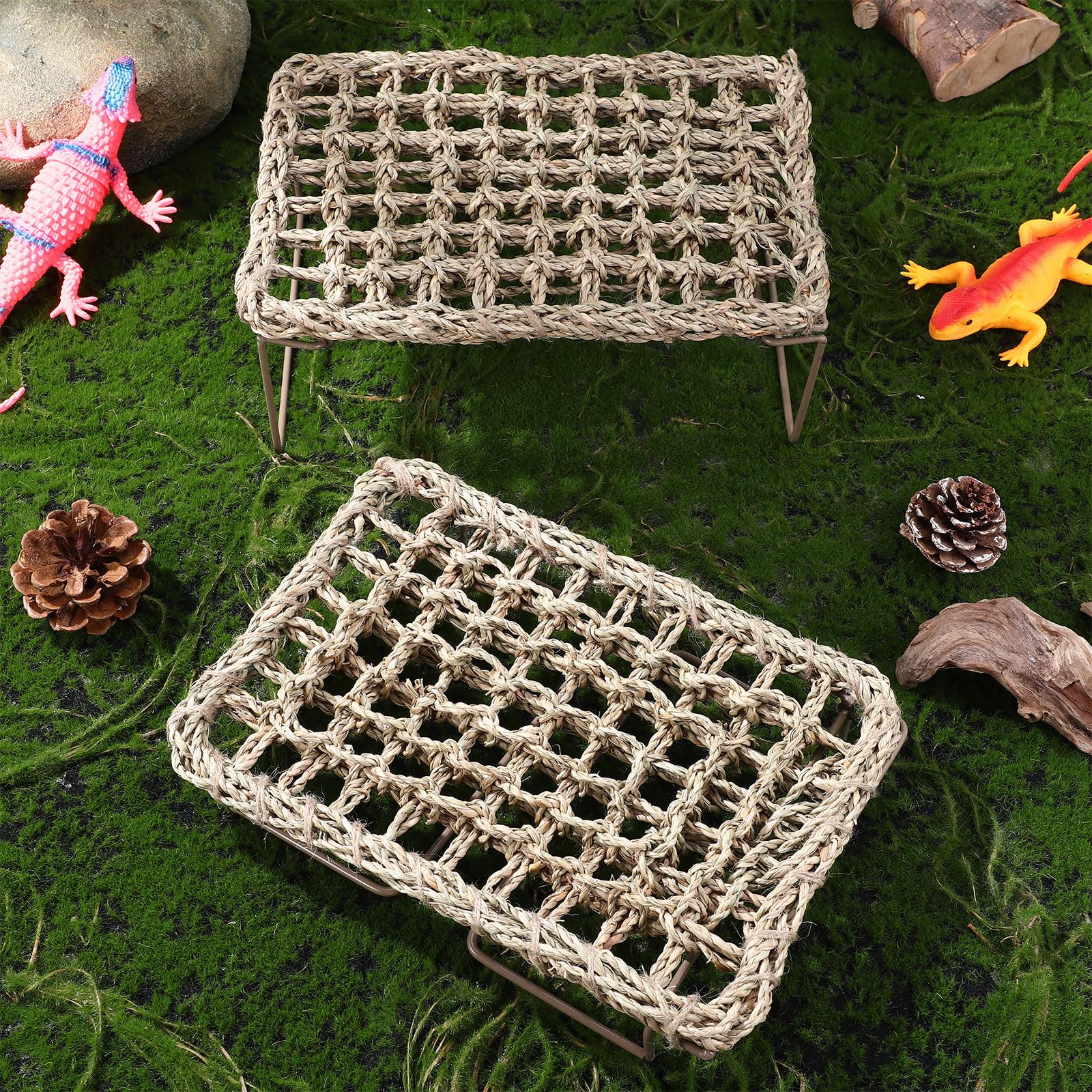PRETYZOOM Lot de 2 Hamacs Tressés en Herbe pour Dragon Barbu, Lit Polyvalent en Fer et Fibres Naturelles, pour Reptiles et Cachette Estivale