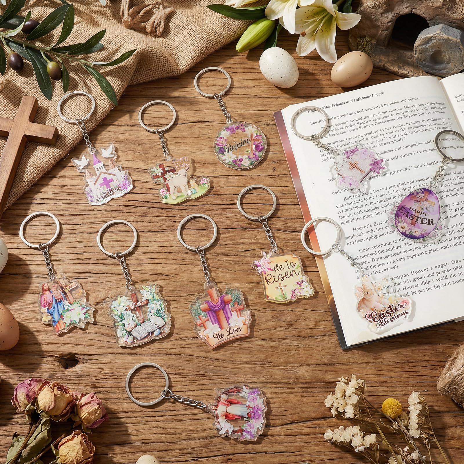 HOWAF 24 Pcs Easter He Is Risen Gift Keychains Bulk, Christian Easter Acrylic Bible Verse Keychain Set, Religious Jesus Gifts for Adults Kids, Sunday School Classroom Prizes, Church Party Favors