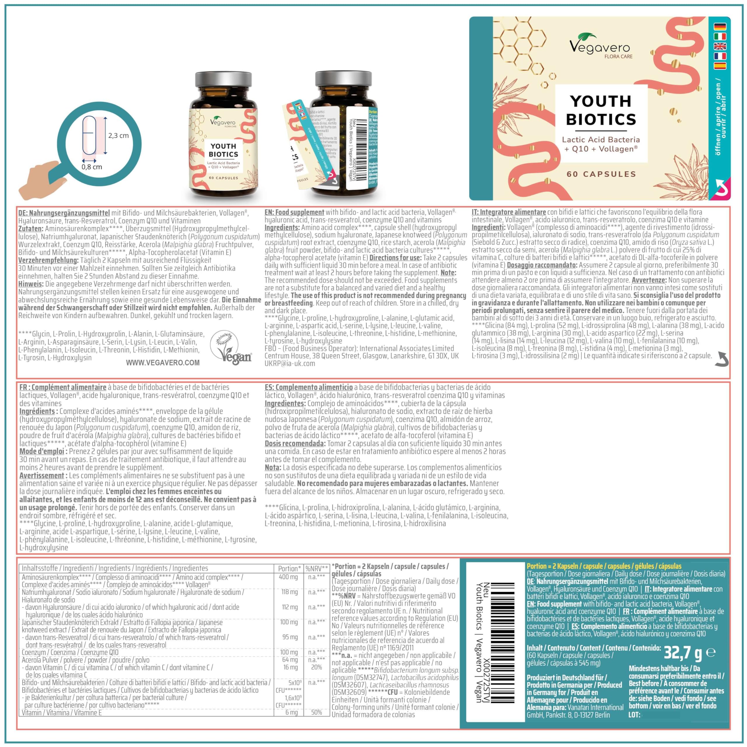 Youth Biotics Kapseln | Veganer Anti-Aging Komplex | Mit Vollagen, Hyaluronsäure & Bakterienstämmen | Magensaftresistent | 60 Stück | Deutsche Produktion von Vegavero