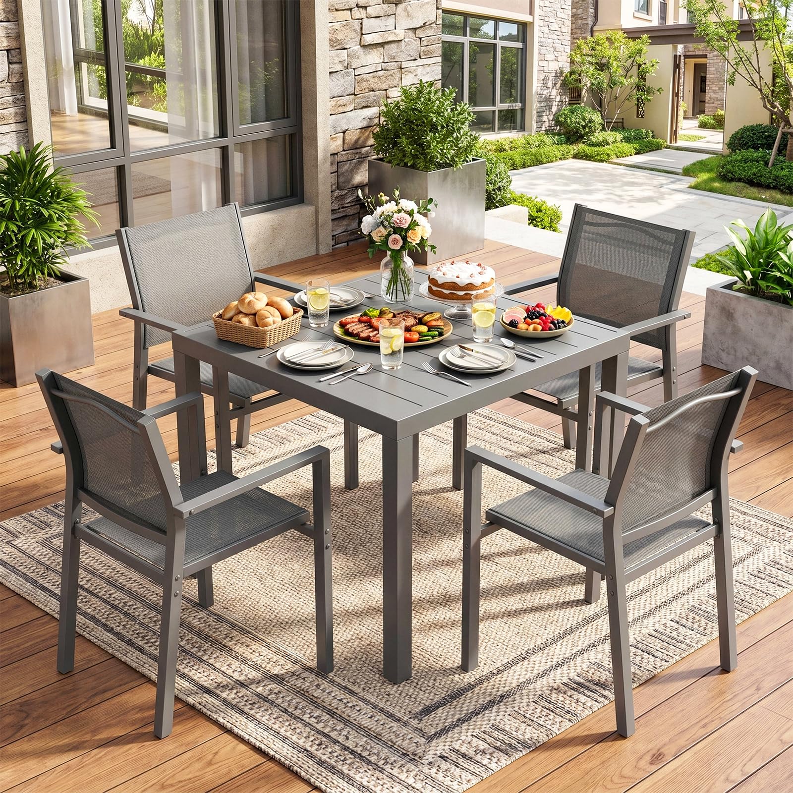 LIFERUN Juego de 6 sillas de jardín apilables Teslin y Estructura de Metal, sillas de balcón, sillas de Comedor para Exteriores, para terraza, jardín, Piscina, hasta 120 kg, Gris, 6 pcs | Teslin - Silla de jardín con estructura de metal (120 kg, transpira