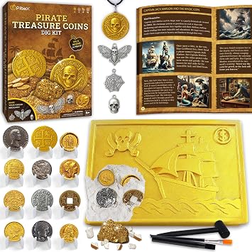 PIBEX Pirate Treasure Coins Dig Kit Dig & Collect 16+ Ancient Metal Coin Replicas, Fools Gold & Pirate Charms STEM Archaeology & Necklace Making Kit, Coin Collecting Gift Toy for Kids Ages 6+