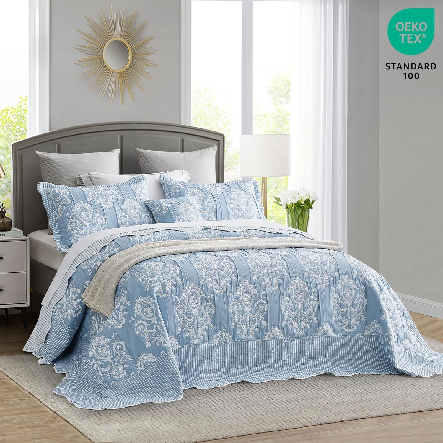 HZ & HY Oversized King Bedspread, Jacquard Matelasse Damask Pattern Design, Lightweight, Reversible, 5 Piece, 100% Microfiber, Wathet Blue