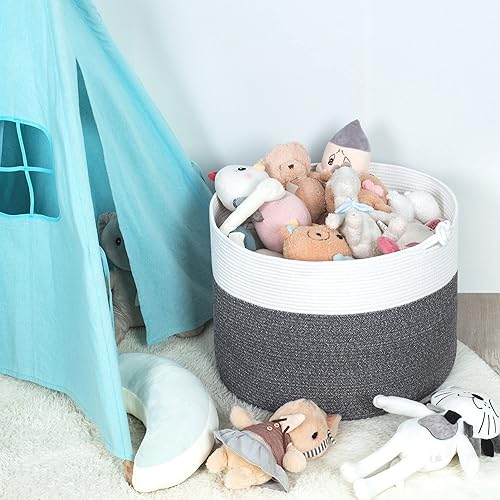 Miniatura 39 de MINTWOOD Design Cesta decorativa extragrande de 22 x 16 pulgadas de cuerda de algodón tejida para sala de estar con asas y cesta redonda para ropa