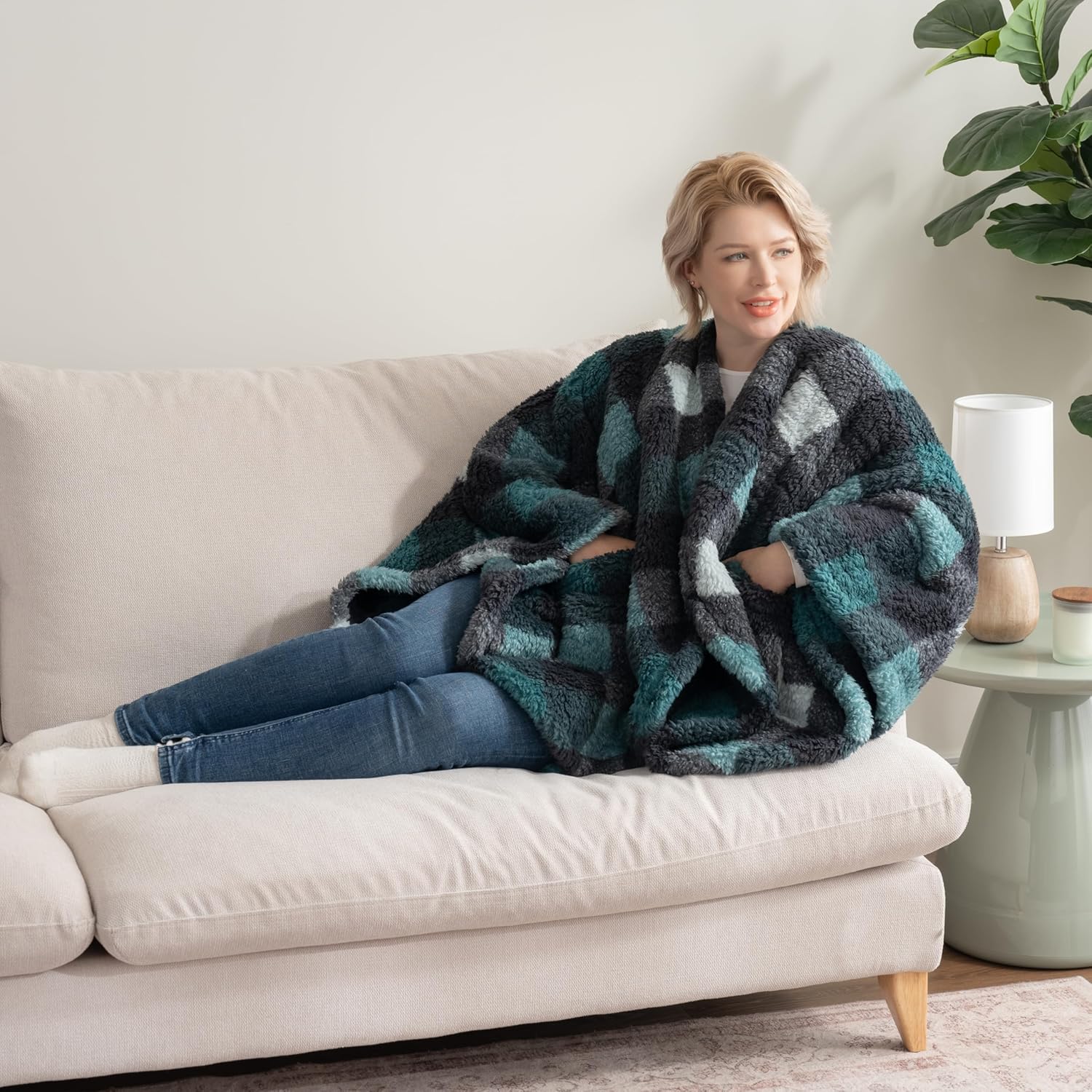 Berkshire Blanket Double Sided Sherpa Wearable Blanket,Warm Cozy Shawl with Pockets Plush Cape Wrap