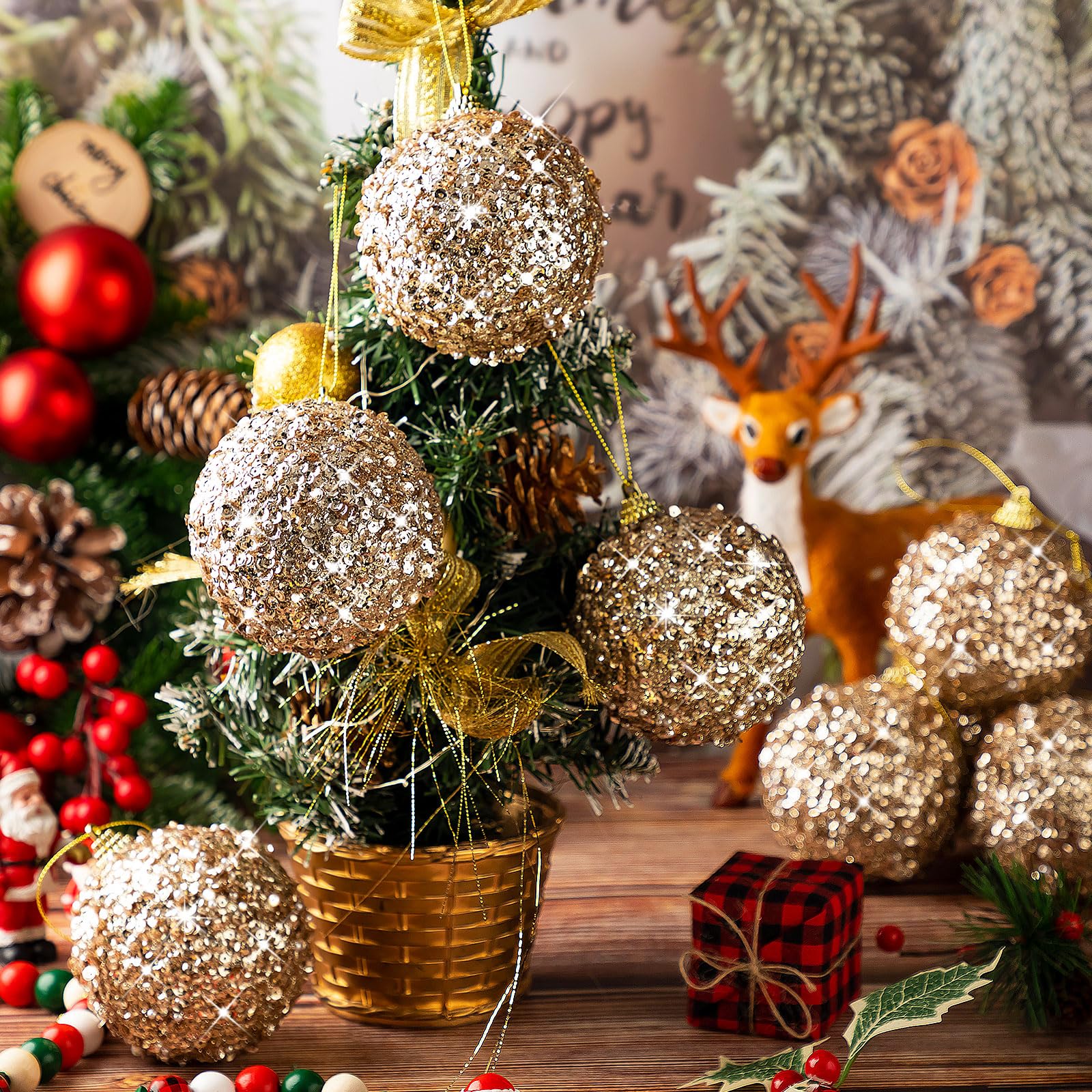 Liliful 16 adornos de bola de Navidad de 3.15 pulgadas con purpurina, decoraciones de árbol de Navidad, grandes adornos colgantes de Navidad para árbol de Navidad, boda, hogar, mesa, fiesta,