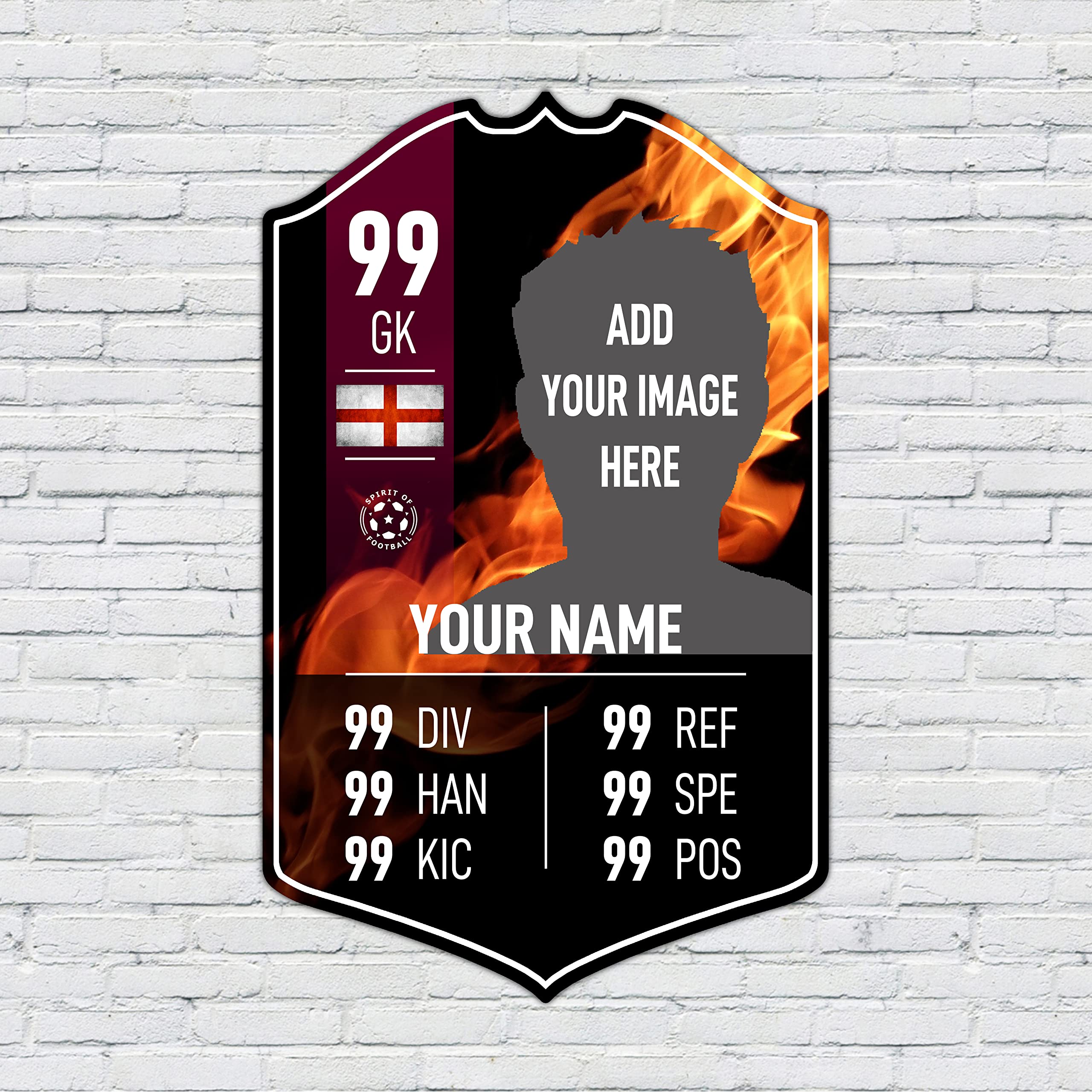 ShopQuality4U Personalised Football Cup Goalkeeper Stats Card Sign - Fire Background Printed Metal Shield Sign Wall Art A4 Goalkeeper Add Name (28x17cm)