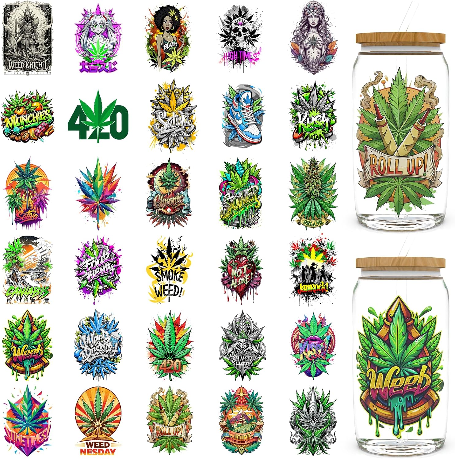 30 PCS UV DTF Cup Wraps for 16 OZ - Weed UV DTF Cup Stickers for 16OZ Glass Cups, Mugs，Milk Tea Cups, Metal and Plastic Bottles. High-Viscosity UV DTF Transfer Sticker