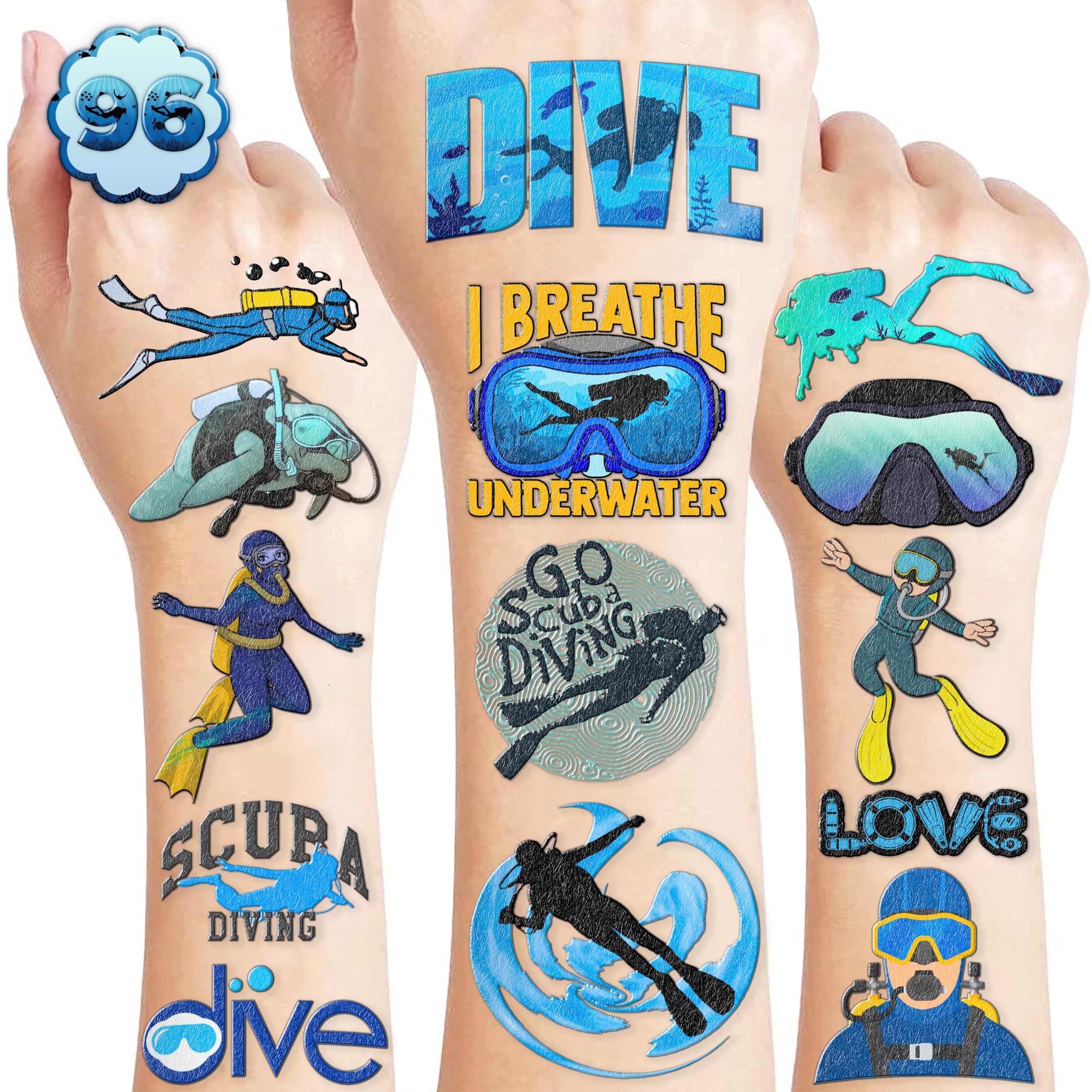 96PCS Cool Scuba Diving Temporary Tattoos Ocean Summer Beach Birthday Party Favors Decorations Supplies Decor Underwater Sports Tattoo Stickers Gifts For Kids Diver Boys Girls School Prizes Carnival