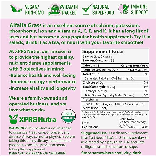 Miniatura 7 de XPRS Nutra Polvo de alfalfa orgánica  Suplemento de alfalfa vegana premium rico en calcio, antioxidantes, vitaminas, suplemento de alfalfa