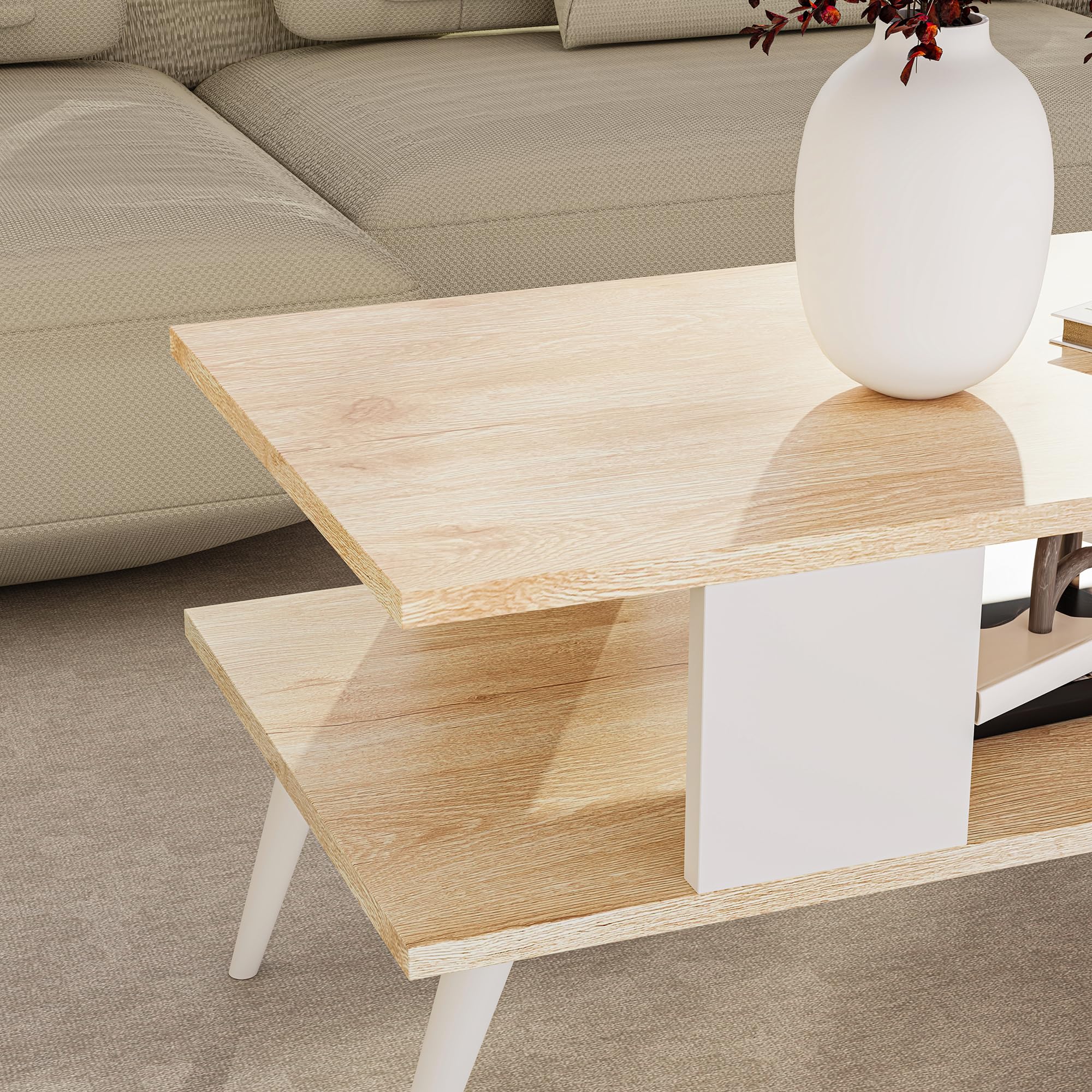[en.casa] Couchtisch Lycksele Beistelltisch Wohnzimmertisch mit Stauraum rechteckig Eiche-Optik Weiß mit unterer Ablage Sofatisch