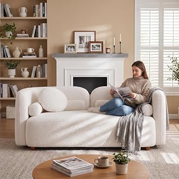 69.3 Inch White Curved Boucle Loveseat Sofa, Deep-Seat 2-Seater