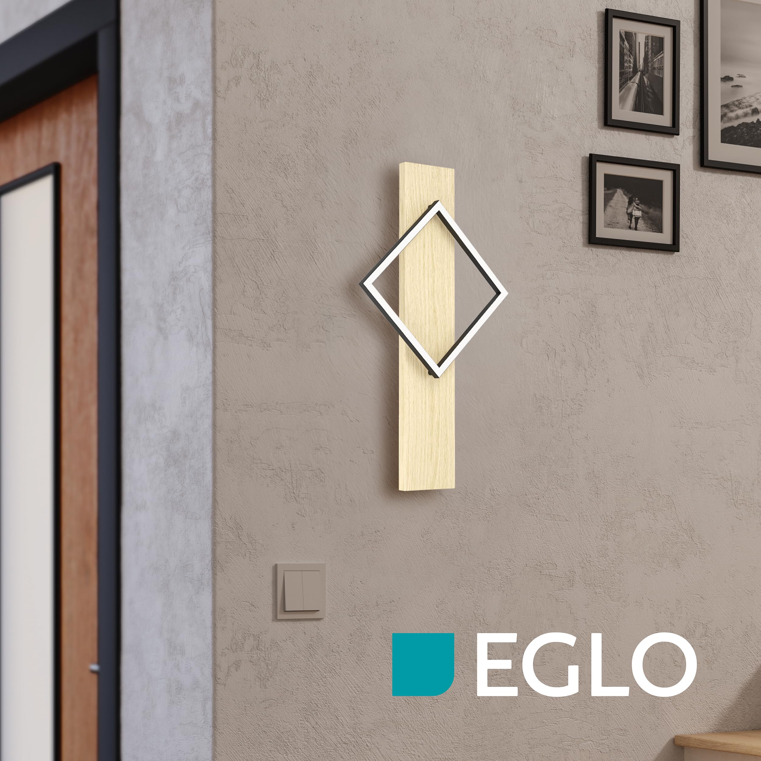 EGLO LED Wandlampe innen Boyal, Wandleuchte mit Holzbalken | Flurlampe Wand aus einem hellem Holz und schwarzem Metall, Wandstrahler FSC zertifiziert, warmweiß, 56 cm
