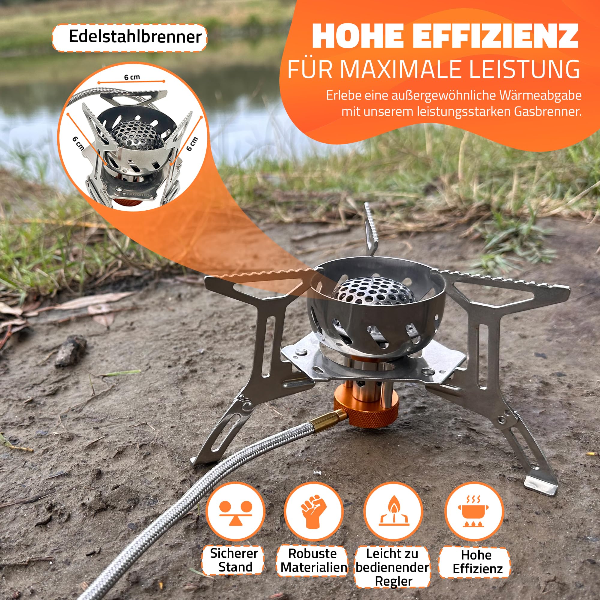 ration1 Camping Gaskocher Set - 7-teiliges Aluminium Topfset, 3 Gaskartuschen, Campingkocher, lebensmittelechte Töpfe & Schalen, Feuerzeug - Kompaktes Outdoor & Camping Kochset