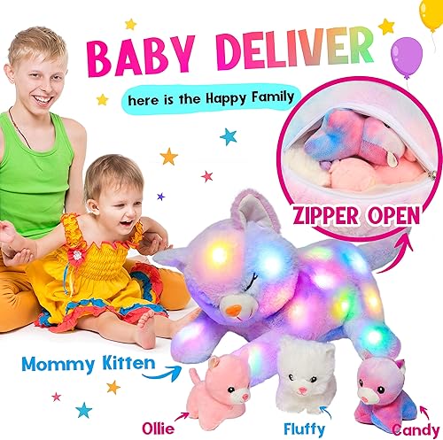 Miniatura 5 de Hopearl Juguete de peluche musical con luces LED para gato de peluche con 3 gatitos en su abdomen volumen ajustable canciones de cuna animadas