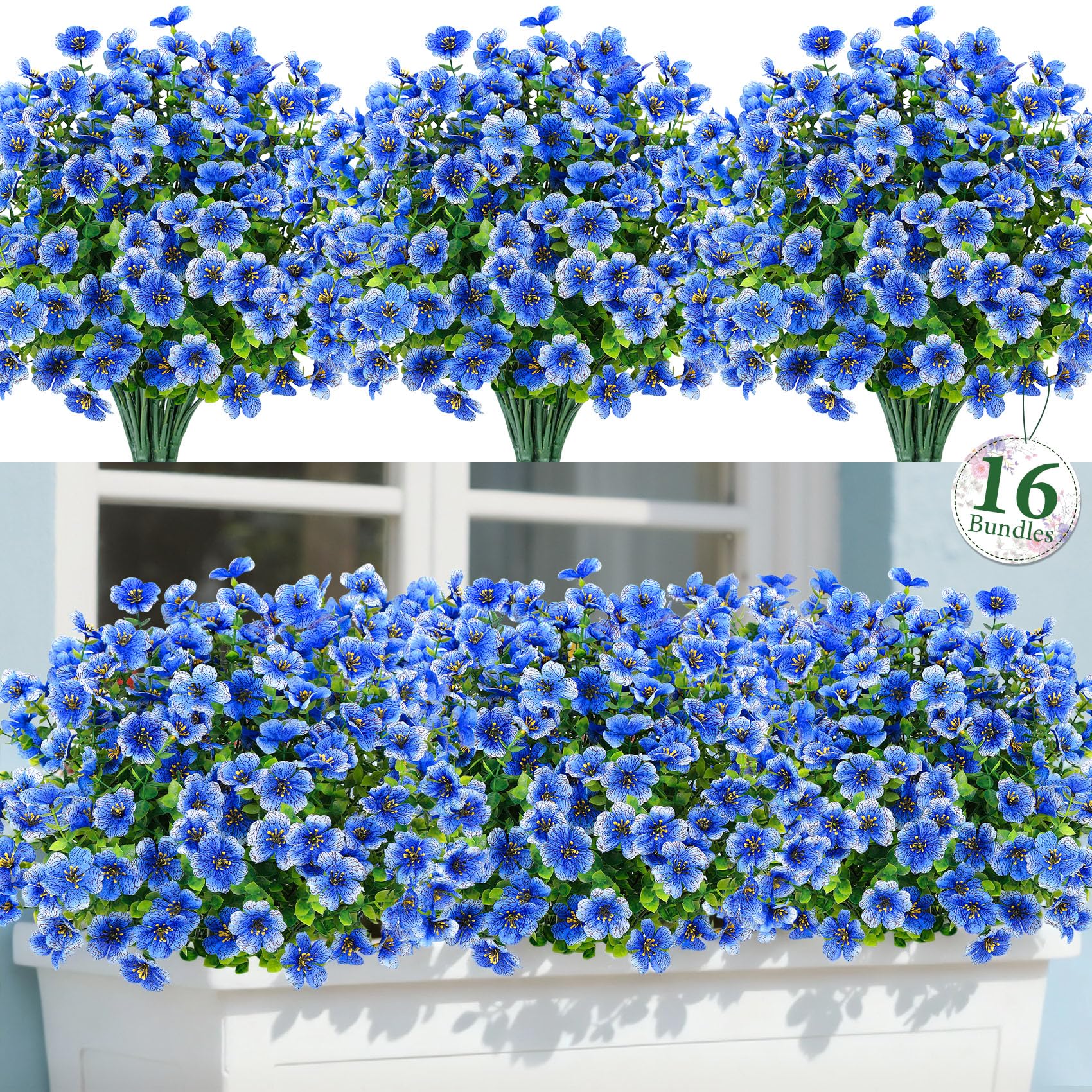 Bassion Artificial Flowers for Outdoors, 16 Bundles UV Resistant Fake Flowers Realistic Silk Faux Plants for Outdoor Planter Window Box Porch Patio Garden Home Outside Decorations