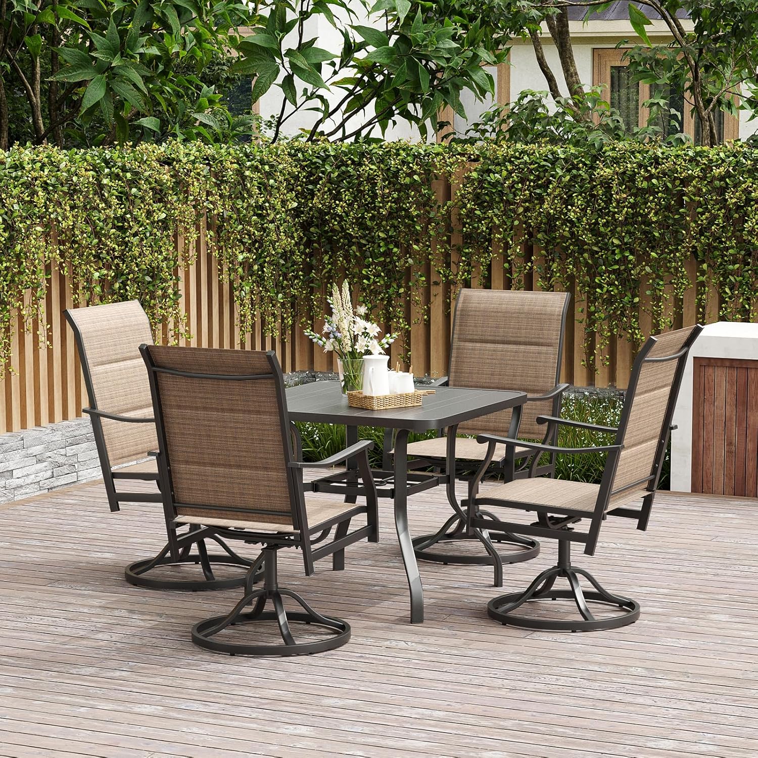 Soohow 5 Piece Patio Dining Set with 4 Outdoor Swivel Dining Chairs and 35"x 35" Metal Steel Dining Table(1.57" Umbrella Hole), All Weather Outdoor Dining Furniture Set (Brown Fabric & Quilted)
