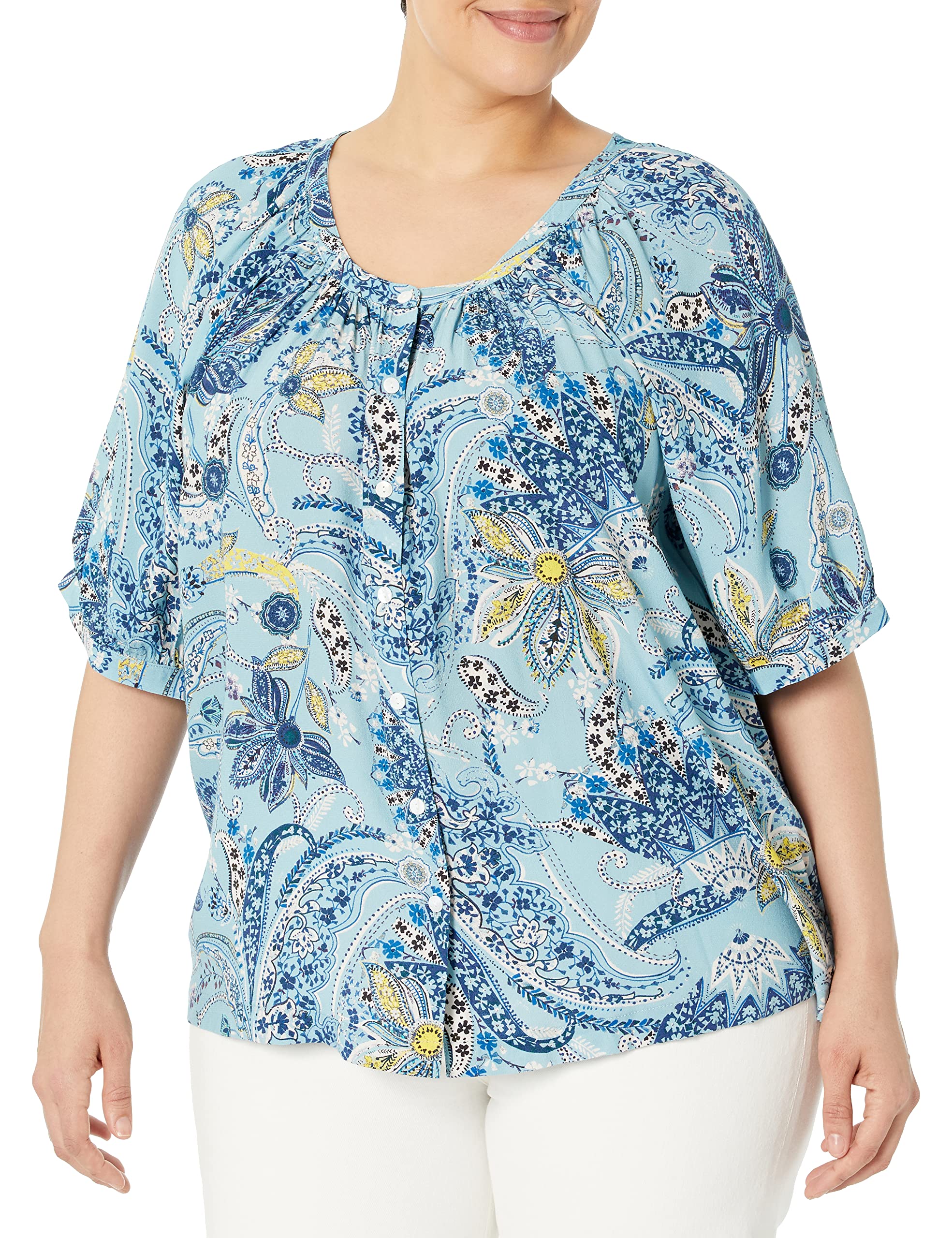 Karen Kane Women's Plus Size Short Sleeve Peasant Top, Paisley, 3X