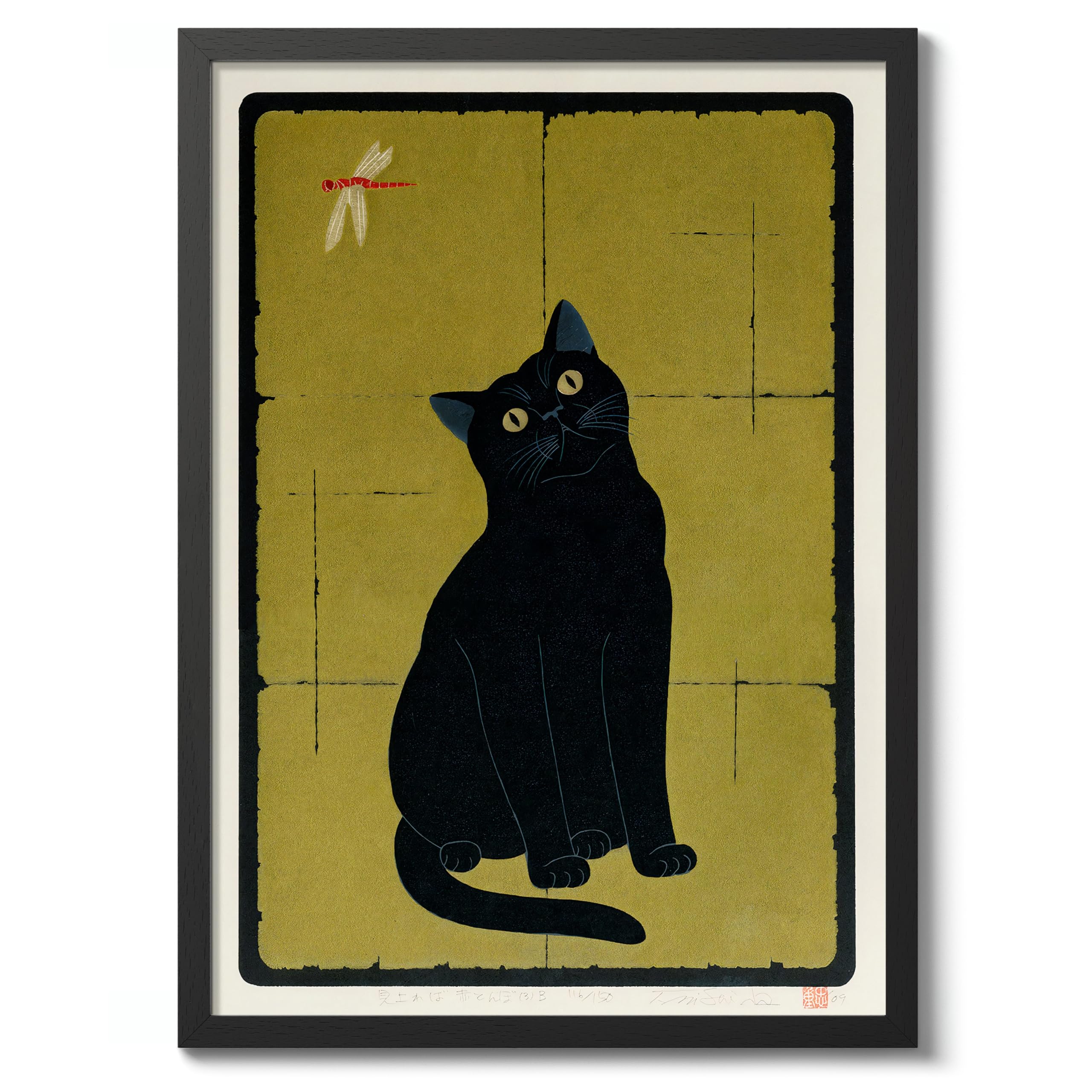 Animato Black Cat With Dragonfly Japanese Woodblock Print, Vintage Aesthetic Poster Japan Wall Art Exhibition Ukiyo-E Home Decor, Archival Matte, 50x70cm (Black Frame) - 50x70cm