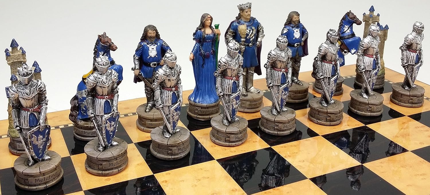 Medieval Times King Arthur/Lancelot Camelot Knights Chess Men Set W/ 15" High Gloss Dark Walnut & Birdseye Maple Color Board