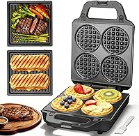 SugarWhisk 2-in-1 Mini Waffle Maker & Panini Press with Removable Plates - 4x4 Inch Waffle Iron for Kids & Family Breakfasts, Graphite