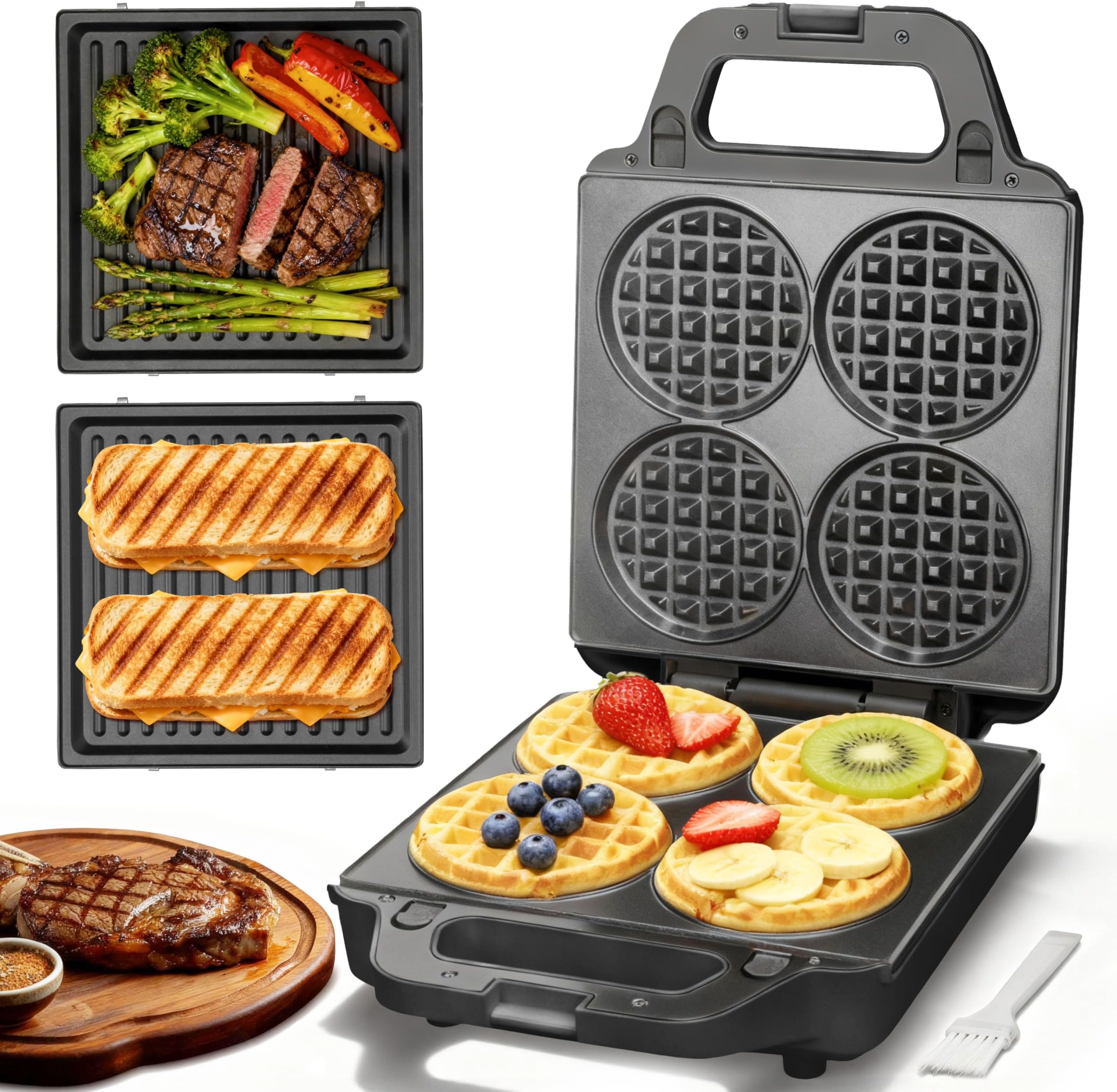 SugarWhisk 2 in 1 Mini Electric Waffle Maker with Detachable Plates, Panini Press and Sandwich Press, Electric Waffle Maker, Electric Sandwich Maker, Classic Waffle Maker 10 x 10 cm for Children