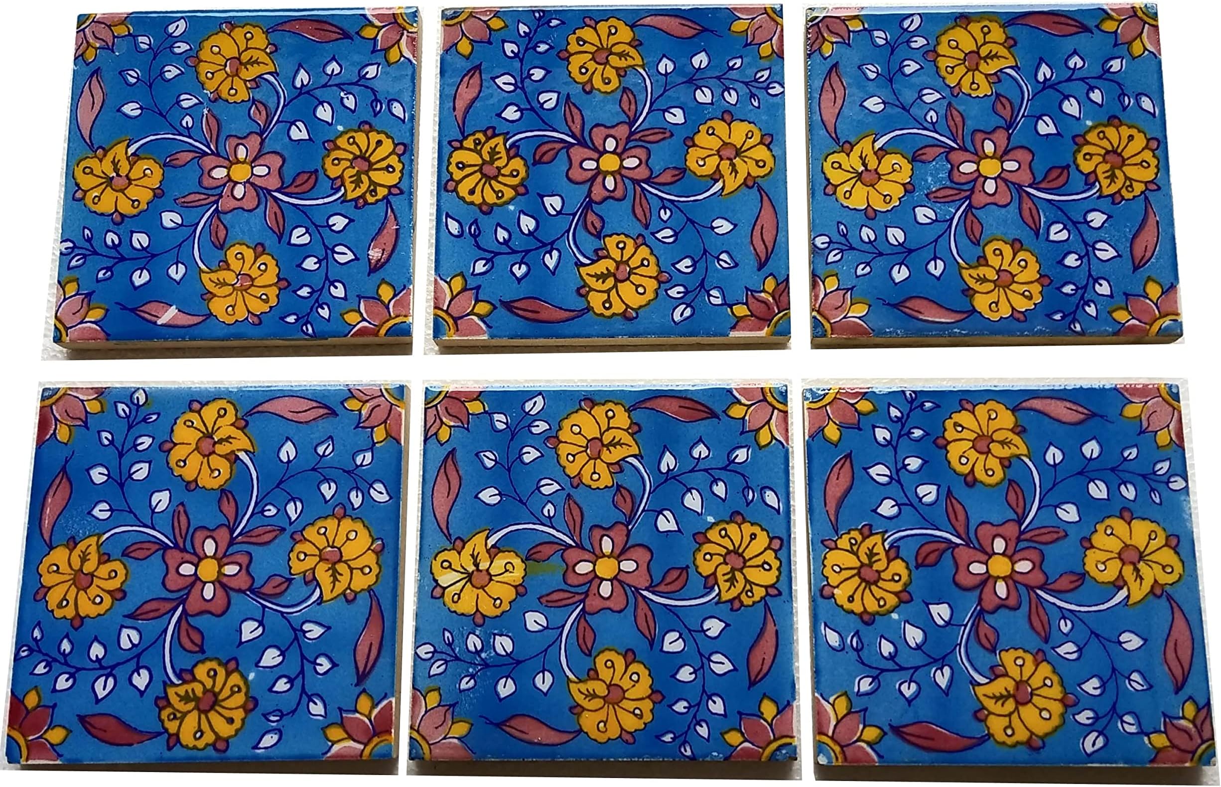 Shiv Kripa Blue Pottery Home Decorative Ceramic Wall Hanging Tile Design Flooring Tiles Floral Kitchen Washroom Mosaic Furniture Tile Handmade Backsplash 4 x 4 Inches Tile (Pack of 4, Blue)