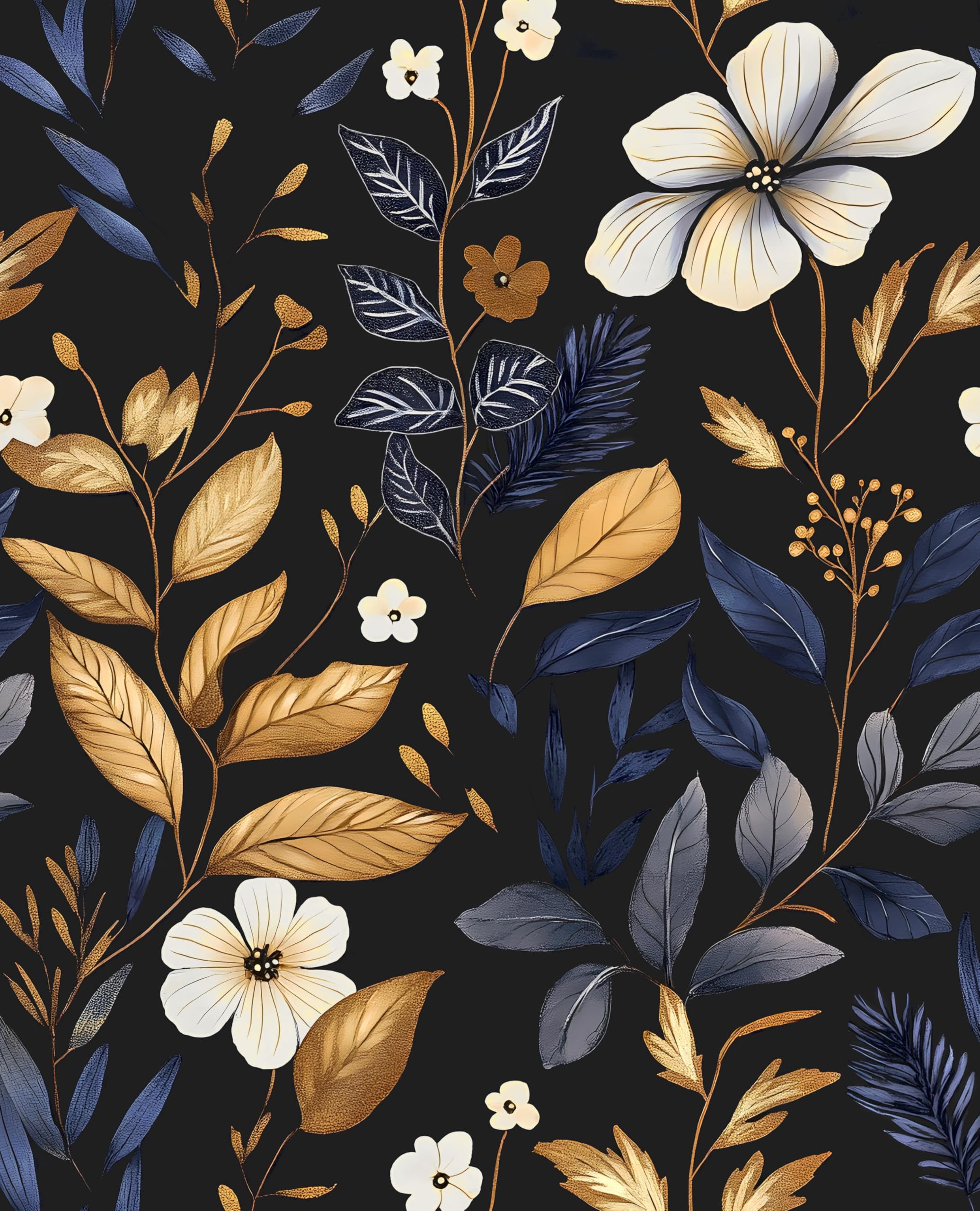 Laatse Blue/Gold Leaf Wallpaper Peel and Stick Vintage Dark Floral Wallpaper Waterproof Self Adhesive Removable Boho Wall Paper Modern for Bedroom