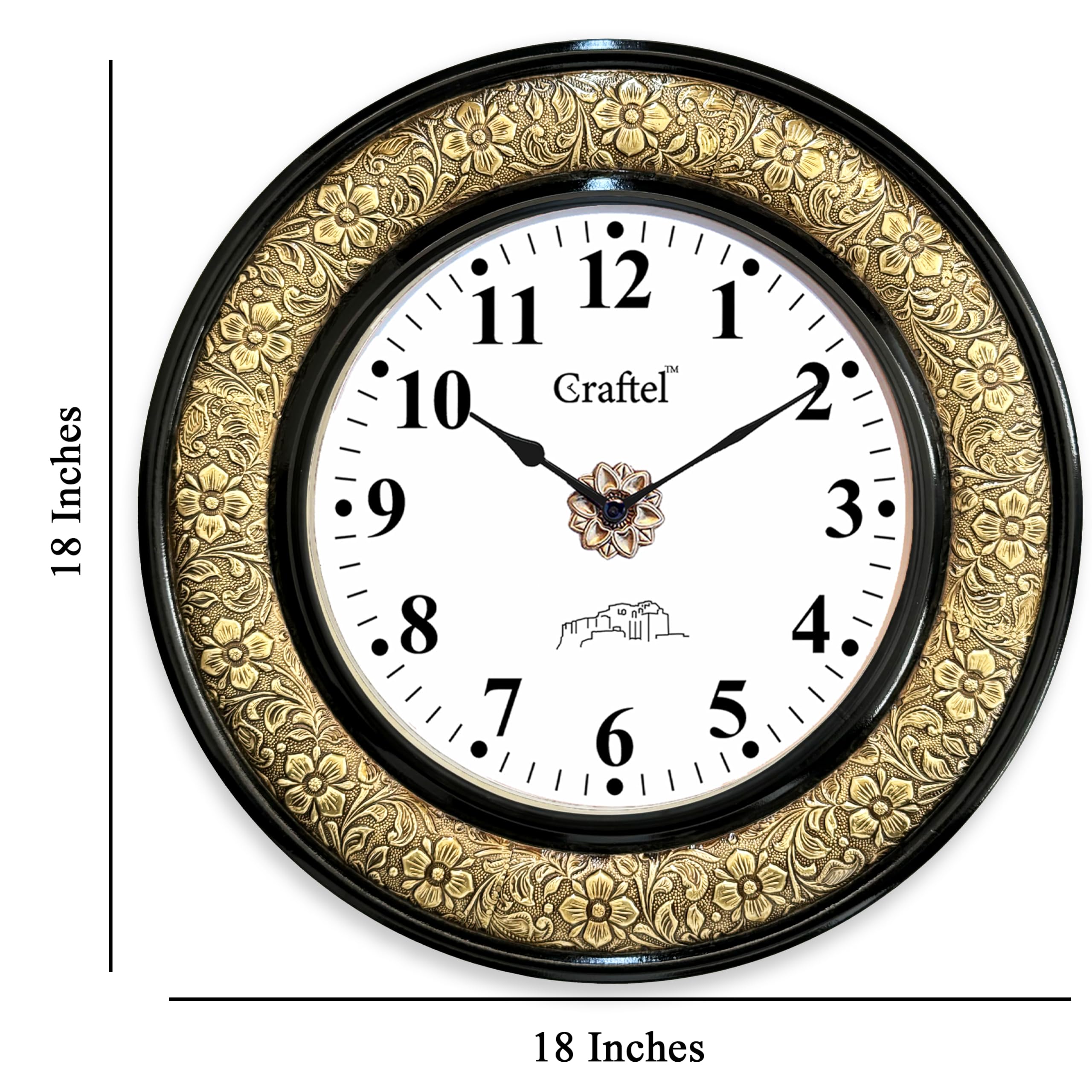 CRAFTEL Heavy Embossed Black Polished Dial Wall Clock for Home Living Room, Bedroom | Handcrafted Large Round Shape Antique Style Diwar Ghadi, Clock with English Numbers (Gold, Black, 18 x 18 inch) 1
