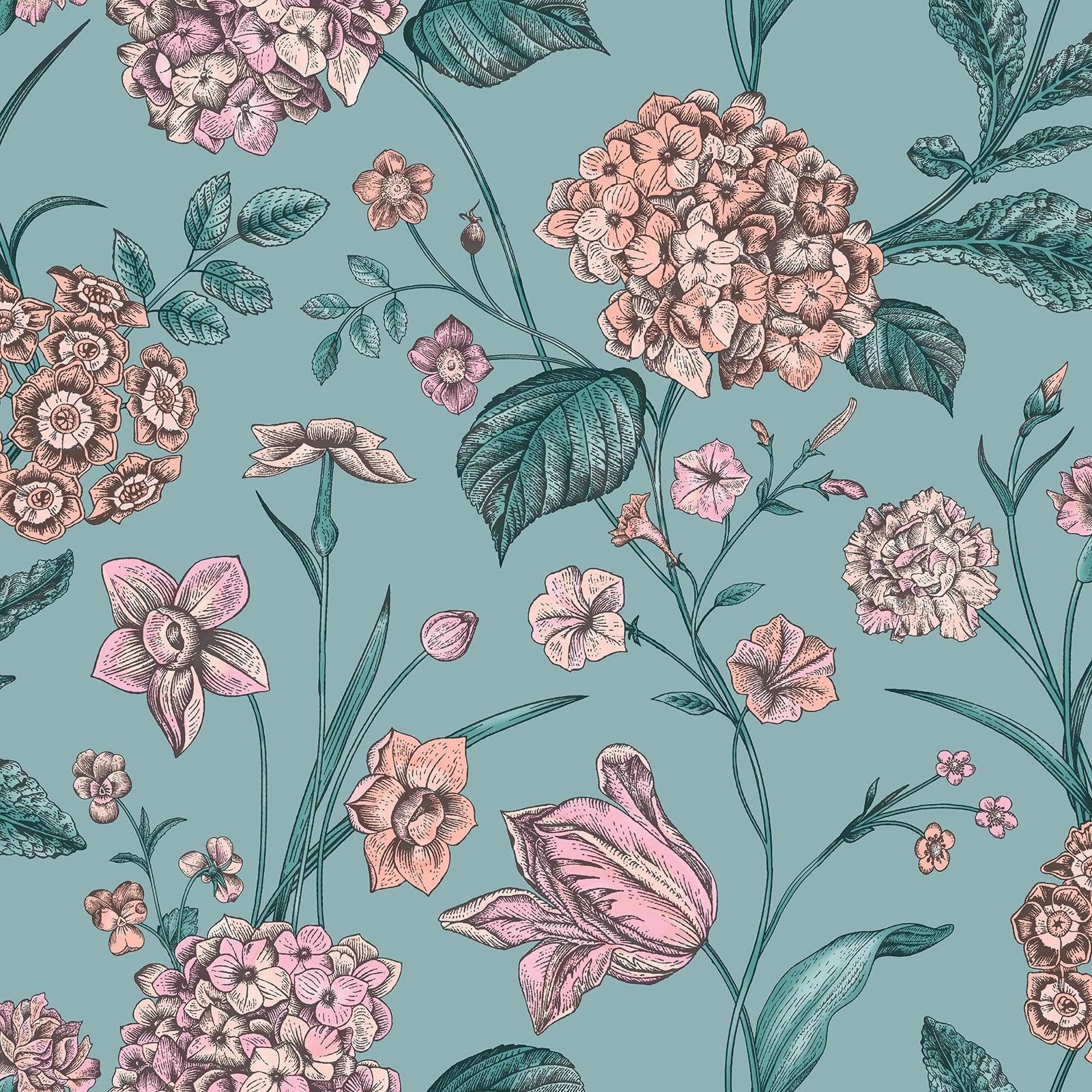 Rasch Amelie Hydrangea Teal Floral Wallpaper - Flowers Botanical Leaves Naturistic Classic Traditional - Stylish Feature Wall