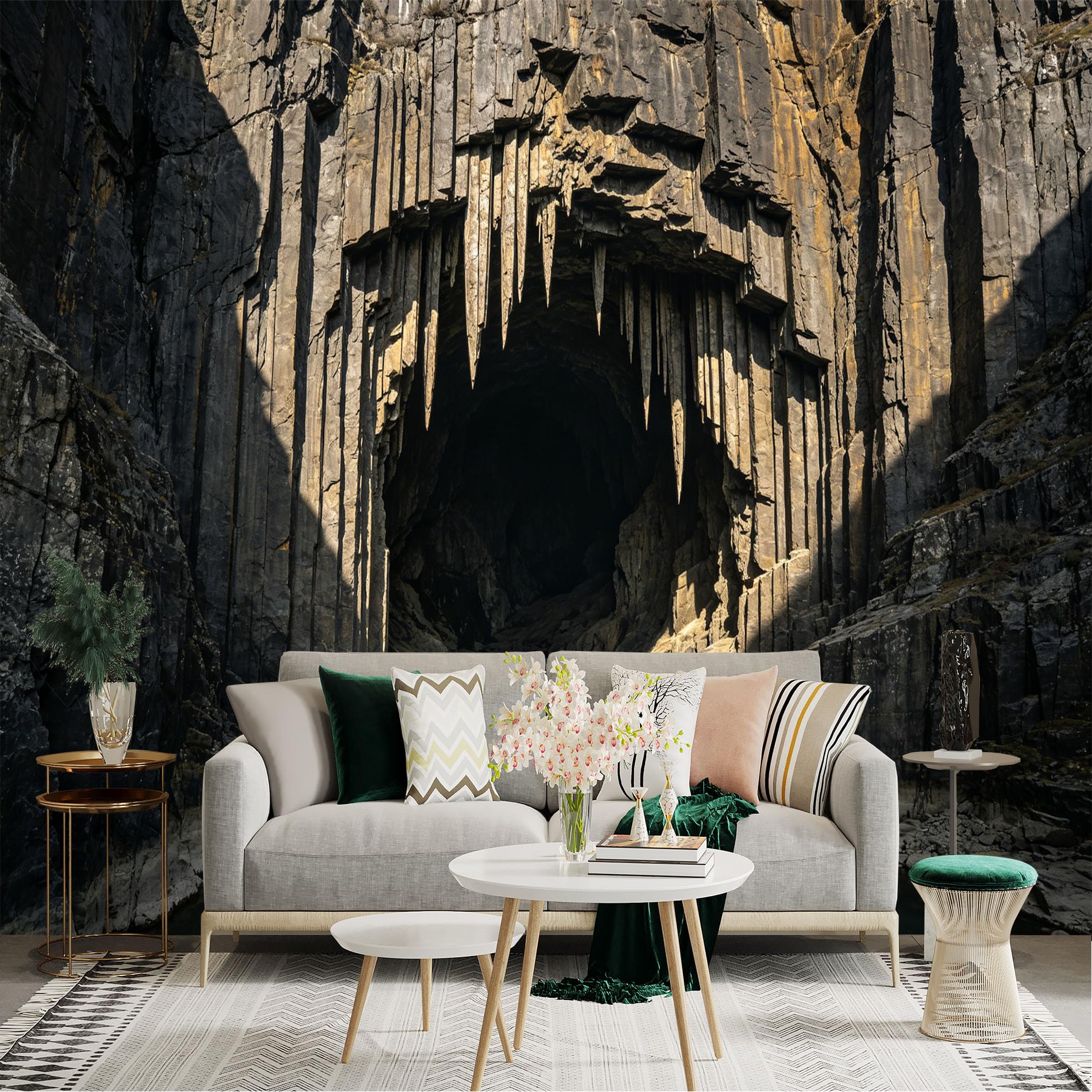 Lnzczhyre Dbh260521066 Custom Size Wall Sticker Mural， Mysterious Basalt Column Cave， Natural Rock Formation， Dark Water Reflection， Geological Wonder， For Wall Decoration， Peelandstick Wall Decals.