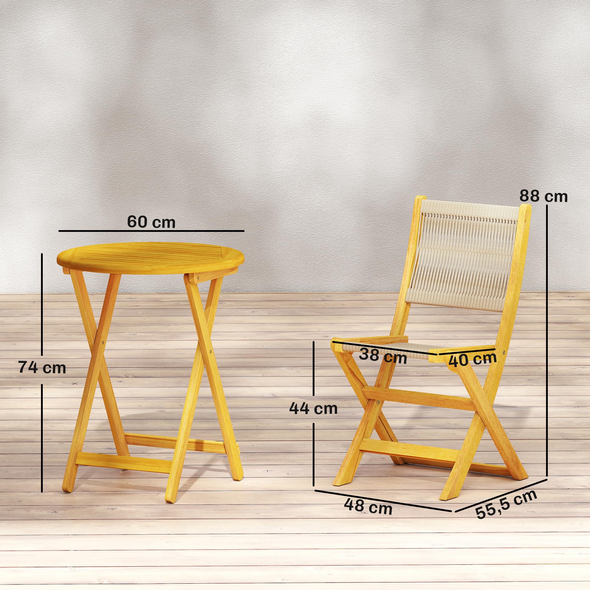 Outsunny Salon de Jardin 3 Pièces en Bois d'Acacia et Cordage PP - Table Ronde et 2 Chaises Pliables - Mobilier Extérieur Design Boho Naturel