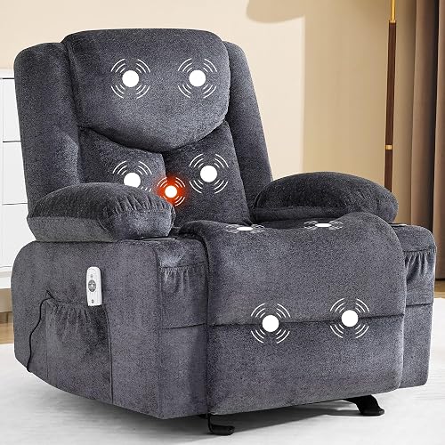 Swivel Recliner Chair for Adults,Oversized Rocker Recliner with Massage and Lumbar Heat,Rocking Chair with Side Pocket,2 Cup Holders,for Living Room
