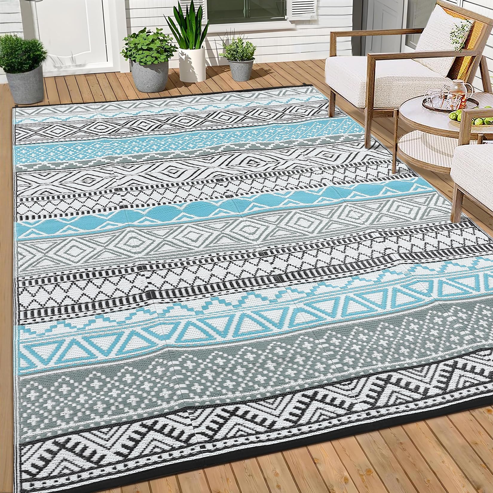 Tappeto da esterno impermeabile 150 x 240 cm reversibile in paglia di plastica per patio campeggio tappeto moquette geometrico per interni ed esterni camper tappeto moquette per cortile, terrazza