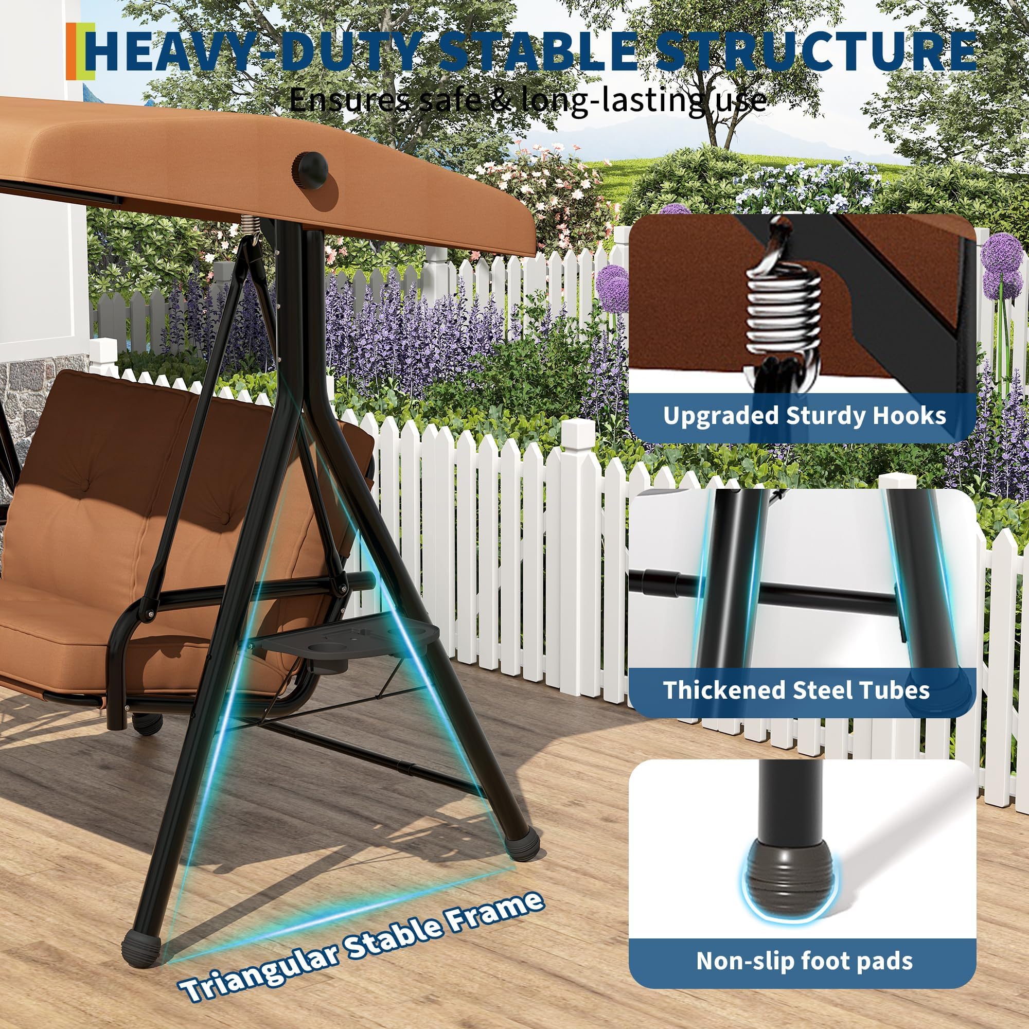 Hollywoodschaukel 2-Sitzer Mit Verstellbarem Sonnendach & Standgestell, Gartenschaukel Mit Abnehmbarem Kissen, Getränkehaltern & Klapptisch, Wasserabweisend Für Terrasse Garten, Bis 280kg, Braun