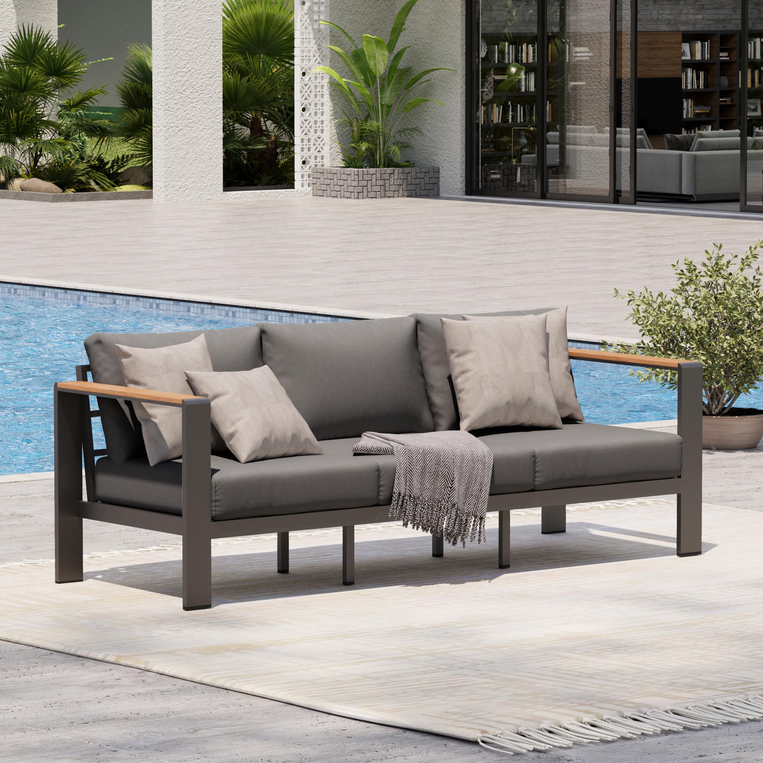 Aluminum Outdoor Patio Furniture, 3 Seats All-Weather Outdoor Patio Sofa with Washable Thick Cushion, Patio Sofa Couch for Porch, Balcony, Deck, Yard, Graphite