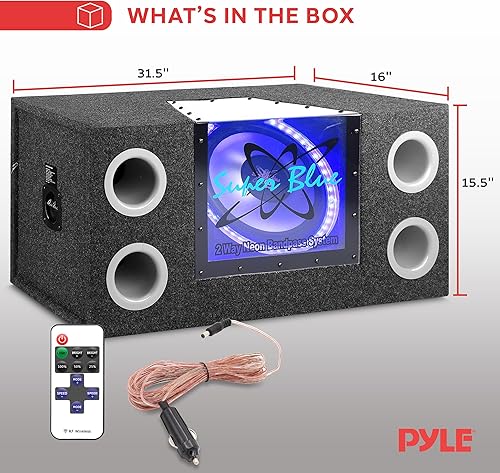 Miniatura 6 de Pyramid Subwoofer de audio para automóvil de 12 pulgadas y 1200 W, sistema de altavoces de paso de banda de neón de 2 vías con luces azules, entrada