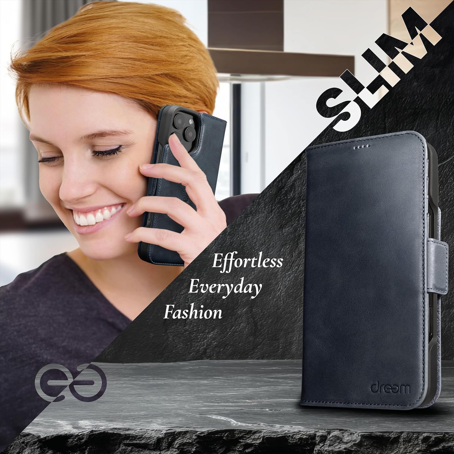 Dreem Real Leather Wallet Case for iPhone 16 Pro Max, Revolutionary Vert/Hor Phone Stand, Magnetic Detachable Flip Cover RFID Blocking Card Holder, MagSafe-Fit, Gift Box [Fibonacci: Graphite Blue]