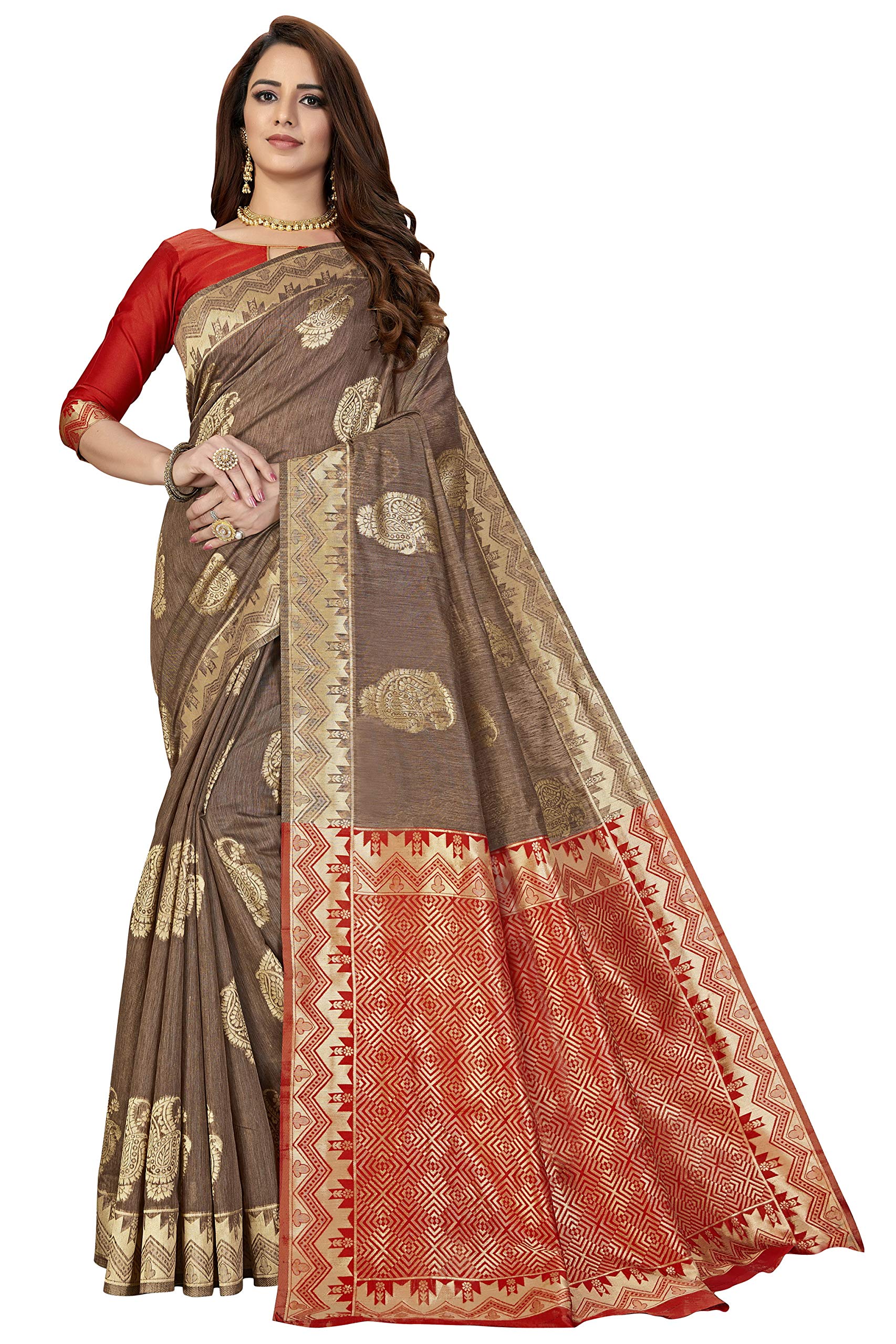 Glory Sarees Womens Banarasi Silk Saree With Blouse Piece (Glory_Silk104_Brown)