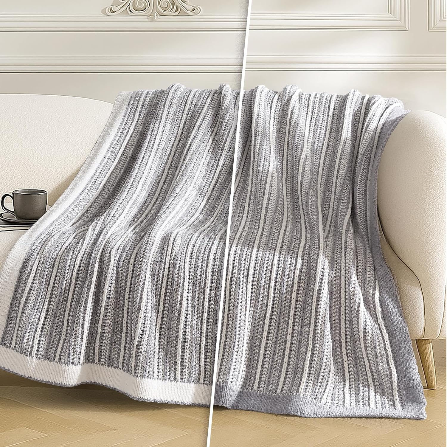 Amélie Home Striped Knit Throw Blanket for Couch, Dual-Sided Soft Chenille Decorative Blankets for Sofa & Chair, 50"x60", Gray & White - Image 4