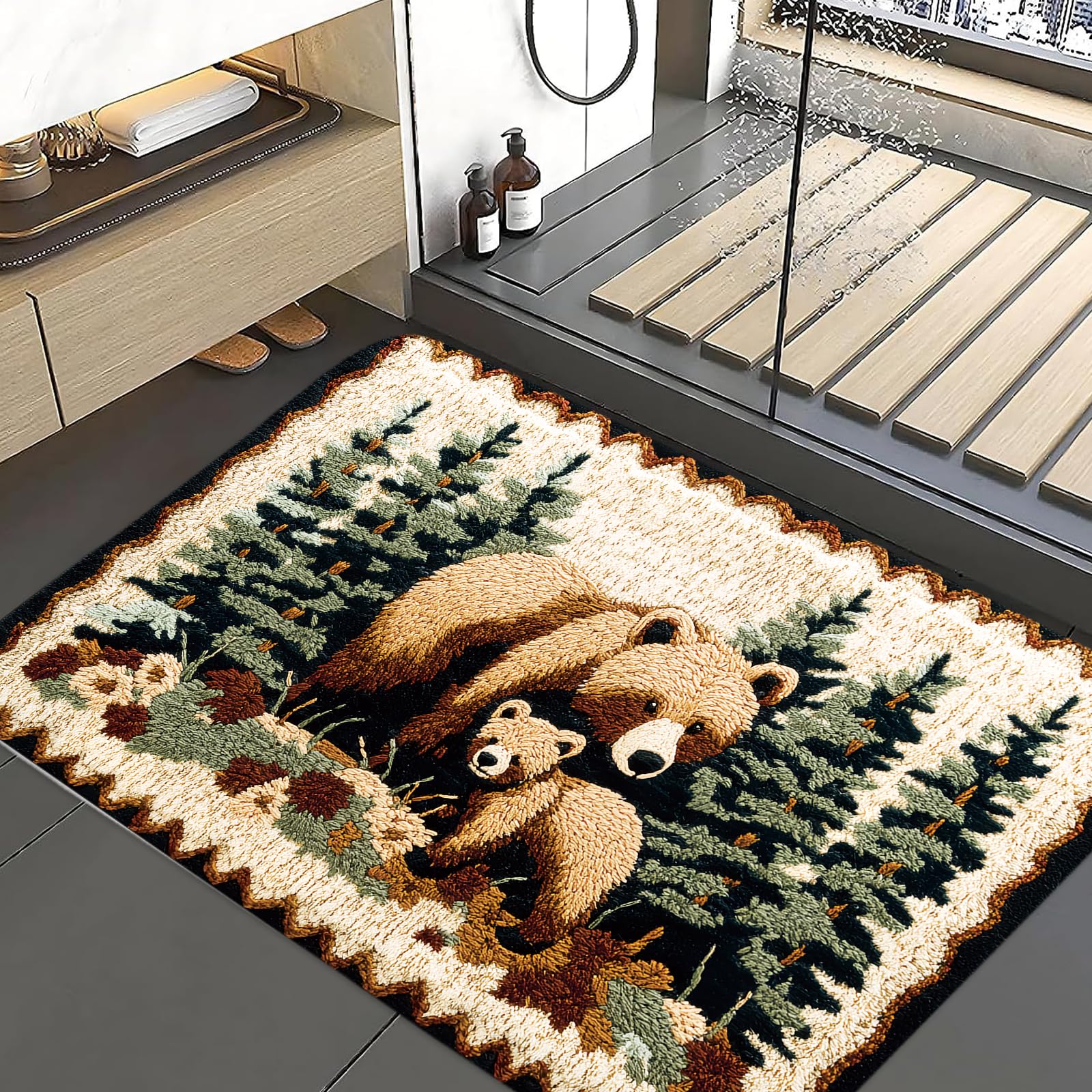 Bear Rug Mat Farmhouse Bathroom Rugs Animal Brown Bear Forest Trees Rustic Cabin Carpet Camping Bath Rug Sets for Bathroom Bedroom Kitchen Outdoor