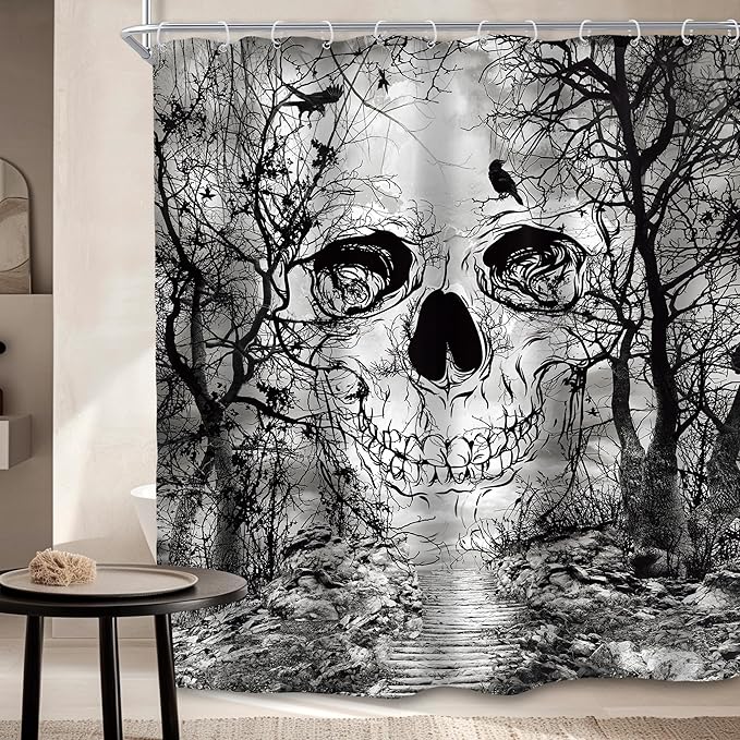 SVBright Gothic Skull Shower Curtain 60Wx72L Inch Scary Spooky Skeleton Bone Tree Branch Mystic Cool Horror for Men Boys 12 Pack Hooks Polyester Waterproof Fabric Bathroom Bathtub Panels